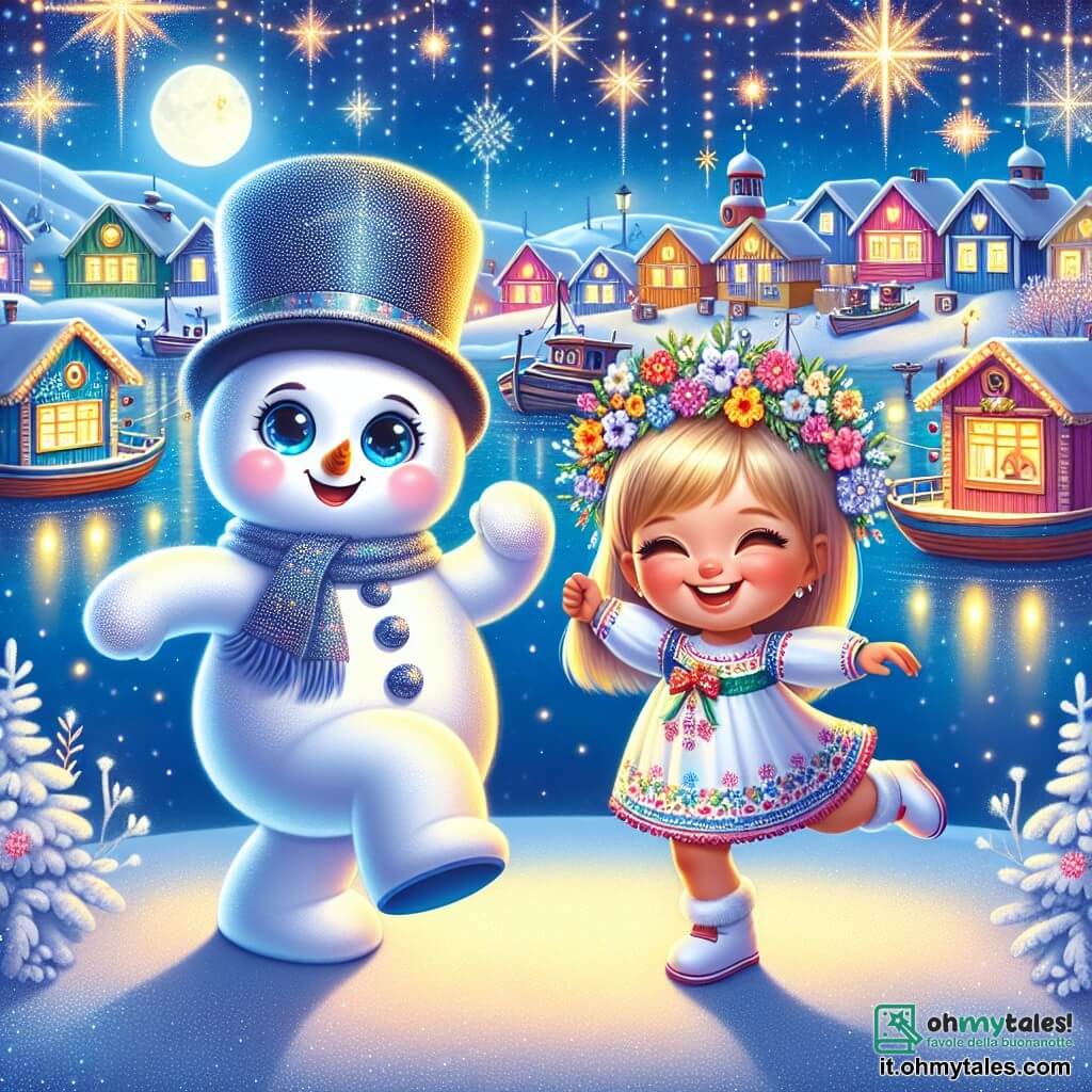 Ghiaccio, un piccolo pupazzo di neve con occhi blu scintillanti e un naso di carota, sta danzando felicemente sotto un cielo stellato, indossando un bel cappello di neve che brilla alla luce della luna. Accanto a lui, Lilla, una bambina con capelli biondi e guance rosa, sorride entusiasta, tenendo una ghirlanda di fiori colorati, pronta a festeggiare. Sullo sfondo, il villaggio di pescatori è illuminato da lanterne colorate, con case di legno dai colori vivaci, circondate da ampie distese di neve scintillante. La scena emana un'atmosfera festosa e magica, dove si percepiscono l'amicizia e la gioia di stare insieme.