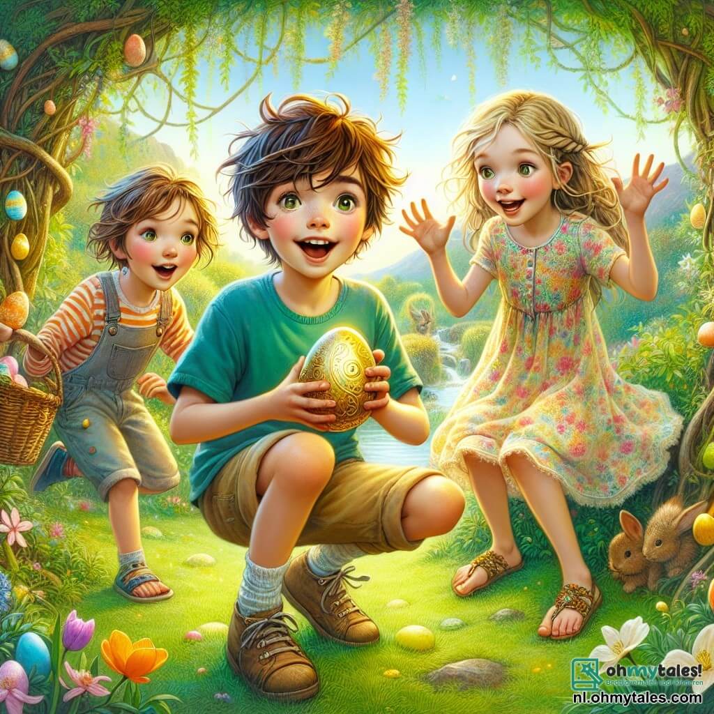 Een 10-jarig jongetje, Thomas, met rommelig bruin haar en nieuwsgierige ogen, zit in een prachtige lentetuin met een grote glimlach op zijn gezicht. Hij draagt een felblauw t-shirt en een beige short, terwijl hij een glinsterend gouden paasei in zijn handen houdt, alsof hij een geweldige ontdekking heeft gedaan. Naast hem staat zijn beste vriendin Emma, een 9-jarig meisje met gevlochten blond haar en stralende groene ogen, met haar armen omhoog in vreugde. Ze draagt een kleurrijke bloemenjurk en sandalen, en kijkt Thomas met bewondering aan. Lucas, een 10-jarig jongetje met kastanjebruin haar en ronde bril, staat een beetje op de achtergrond met een verwonderde blik. Hij draagt een gestreept t-shirt en een short, en houdt een klein mandje vol met gekleurde paaseieren vast. De plek is een betoverende tuin, vol met stralende bloemen, flonkerende vlinders en een majestueuze eik in het midden, waaronder een kleine mysterieuze grot ligt. Het zonlicht filtert door de bladeren en creëert een magische sfeer. De belangrijkste situatie toont Thomas, Emma en Lucas die het waardevolle gouden ei aan de voet van de boom ontdekken, omringd door de schoonheid van de tuin, wat het verwondering en de vreugde van het paasevenement symboliseert.