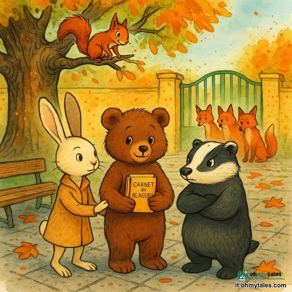 Bruno, un giovane orso dal pelo bruno cacao, viso rotondo e occhi nocciola, appare sollevato e timido, in piedi al centro con un taccuino di barzellette e un sorriso esitante; a sinistra Lalla, una lepre piccola dalle lunghe orecchie bianche e musetto rosa, dritta e determinata, tiene la zampa di Bruno per sostenerlo; a destra Max, un tasso tozzo bianco e nero, braccia conserte e sguardo fermo come scudo amichevole; Filo, uno scoiattolo rossiccio dagli occhi vivaci, è su un ramo basso del grande castagno, pronto a saltare per aiutare; sullo sfondo tre volpi (Red, Vicky e Leo) dalle sagome sottili e pelo rosso vivo, confuse e un po’ imbarazzate, che si allontanano; la corte della scuola è lastricata di lastre grigie con foglie autunnali arancioni, un castagno nodoso a centro-sinistra, panchine di legno consumato e una piccola cancellata verde; scena principale: un gruppo di amici si raduna attorno a Bruno per difenderlo durante la ricreazione, atmosfera chiara e visiva con gesti di unità, sguardi protettivi, colori caldi (bruni, arancioni, verdi) in contrasto con i toni vivaci delle volpi, linee a inchiostro nette, ombre morbide e texture del pelo dettagliate.