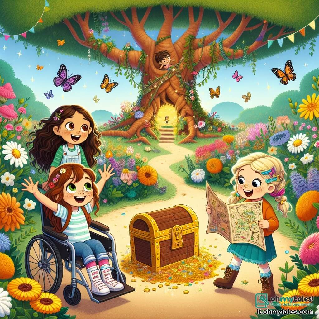 In un giardino magico, tre piccole avventuriere sono riunite. Lia, una ragazza di 7 anni con lunghi capelli castani e occhi scintillanti, tiene una mappa del tesoro con un grande sorriso. Alla sua destra, Emma, una ragazza di 8 anni in sedia a rotelle, ha capelli biondi e occhiali tondi, guarda la mappa con entusiasmo. A sinistra, Zoe, una ragazza di 6 anni con capelli ricci e trecce colorate, salta di gioia, le braccia alzate verso il cielo. Il giardino è pieno di fiori vivaci, mentre farfalle colorate volano intorno a loro. Al centro, un grande albero maestoso nasconde una scatola del tesoro ai suoi piedi. Le tre amiche scoprono insieme la scatola nascosta, i loro volti illuminati dall'eccitazione, pronte ad aprirla per scoprire le dolcezze e le sorprese che contiene.