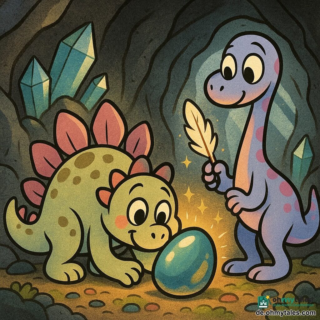 Ein freundlicher Stégosaurus namens Kora mit blassgrüner Haut und olivfarbigen Flecken berührt vorsichtig mit der Vorderpfote einen großen, irisierenden Stein (blau-grün-gold) und lächelt schüchtern; neben ihm steht der schlanke, verträumte Lumo mit pastellblau-rosa Haut und einer leuchtenden Feder in den Pfoten und blickt zur Stein, die Szene spielt in einer großen Höhle mit grau-texturierten Wänden, durchsetzenden transluzenten Kristallen und farbigen Kieseln auf moosigem Boden, warme Lichtstrahlen fallen durch den Höhleneingang, Retro-Cartoon-Stil mit dicken Linien, kräftigen Farben, einfachen Texturen und kinderfreundlicher, sanfter Stimmung.