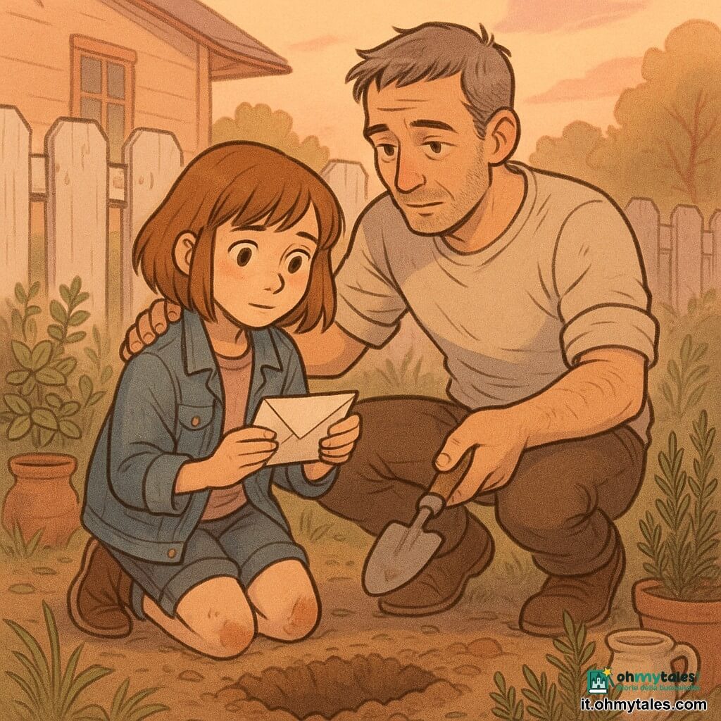 Ci sono due personaggi: Nora, 12 anni, capelli castano chiaro al carré, occhi nocciola, giacca di jeans e ginocchia sporche, è inginocchiata tenendo una lettera piegata sopra una piccola buca vicino alla recinzione; il padre, circa 40 anni, viso stanco ma sereno, capelli corti sale e pepe, maglietta con maniche arrotolate, accovacciato accanto a lei le porge una paletta di metallo e posa una mano sulla sua spalla. Luogo: giardino di una casa modesta al crepuscolo con aiuole di aromatiche, vasi di ceramica consumata, terra appena scavata, recinzione di legno bianco scrostata, luce calda arancio-rosa e erba un po' alta. Situazione: scena intima e tranquilla: la bambina interra una lettera aiutata e sostenuta dal padre, gesti lenti e cura affettuosa, tono triste ma caloroso, colori caldi e pastello, stile morbido e rotondo come una dolce vignetta.
