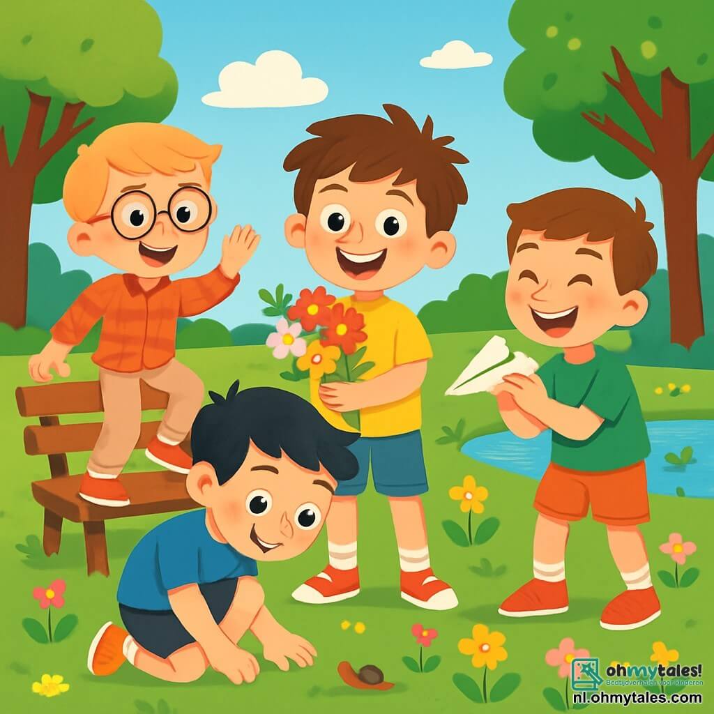 Er zijn 4 kinderen: - Sam: een 8-jarig jongetje met rommelig bruin haar en sprankelende ogen. Hij draagt een felgele t-shirt en een blauwe short. Hij staat in het midden, glimlachend, met een boeket bloemen. - Daan: een 9-jarig jongetje met blond haar en ronde bril. Hij draagt een rood geruit overhemd en een beige broek. Hij staat links van Sam, met een voet op de rand van een bank. - Lucas: een 8-jarig jongetje met kastanjebruin haar en een grote glimlach. Hij draagt een groene t-shirt en een oranje short. Hij staat rechts van Sam, bezig met het vouwen van papier om een vliegtuigje te maken. - Milan: een 7-jarig jongetje met zwart haar en sproeten. Hij draagt een blauwe t-shirt en een korte broek. Hij zit voor Sam, kijkend naar een klein slakje op de grond. De locatie is een groene park, vol met kleurrijke bloemen en bomen met heldere bladeren. Een grote blauwe lucht strekt zich boven hen uit, met enkele witte wolken. Op de achtergrond is er een klein vijvertje waar eenden zwemmen. De hoofdscene toont de kinderen die samen genieten van een lente schattenjacht, lachend en spelend, omringd door de schoonheid van de natuur. Ze ontdekken bloemen, insecten en verwonderen zich over de kleine schatten die de lente biedt.