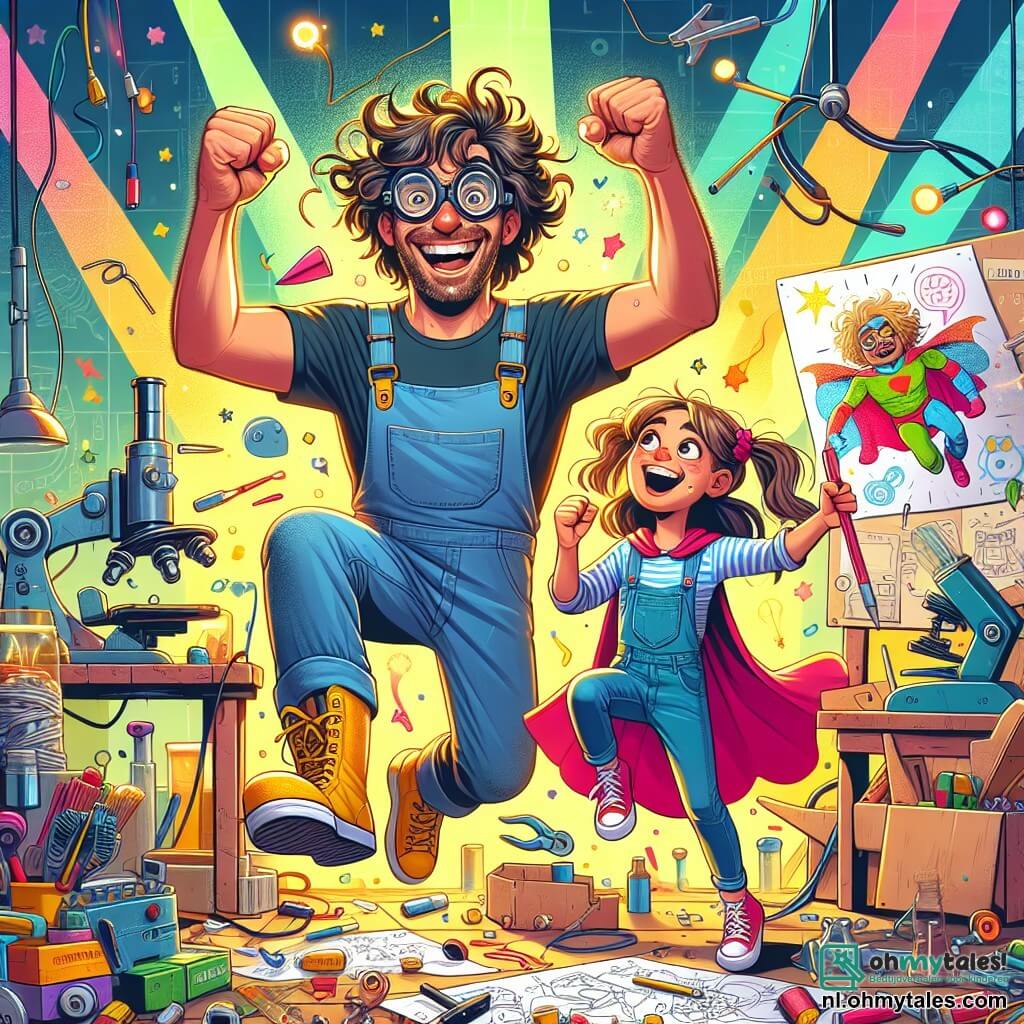 Een man, Meneer Bram, staat in het midden van de afbeelding. Hij heeft krullend en rommelig haar, een grote bril die een beetje scheef staat, en een brede, blije glimlach die zijn gezicht verlicht. Hij draagt een blauwe overall en gele laarzen, en hij springt van blijdschap met zijn armen omhoog, omringd door verschillende gereedschappen en uitvindingen.

Naast hem staat Lotte, een meisje van acht jaar met lange, bruine haren in twee staartjes. Ze draagt een gestreept t-shirt en een spijkerbroek. Ze kijkt Meneer Bram aan met sprankelende ogen van opwinding, terwijl ze een tekening vasthoudt van een uitvinding van een superheld in de vorm van een ijsje.

De locatie is een kleurrijke en chaotische werkplaats, vol met vreemde machines, plannen verspreid over de tafel en dozen met materialen. Stralen van licht filteren door een raam en verlichten het stof in de lucht, terwijl een zwart bord aan de muur vol staat met schetsen en gekke ideeën.

De belangrijkste situatie toont Meneer Bram en Lotte die de succesvolle uitvinding, een prototype van de "Super-Ice Cream Holder", vieren met gelach en een vrolijke sfeer, omringd door hun kleurrijke en leuke creaties.
