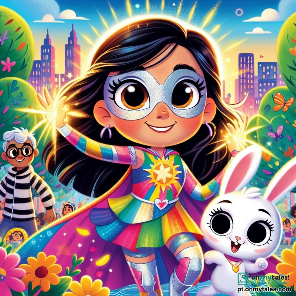 No centro da imagem, Lúcia Luz, uma mulher super-heroína, se mantém orgulhosamente com cabelos dourados brilhantes como o sol e olhos cintilantes de excitação. Ela usa um traje colorido, com uma capa que flutua atrás dela, e suas mãos estão iluminadas por luzes mágicas que dançam ao seu redor. Sua expressão é determinada e alegre, pronta para defender sua cidade. Ao seu lado, o travesso Saltitante, um pequeno coelho de grandes orelhas, salta com entusiasmo. Ele tem pelagem branca e olhos brilhantes de travessura, correndo atrás das luzes criadas por Lúcia, rindo de felicidade. Um pouco mais longe, o Grande Gato, um gato majestoso com pelagem listrada e grandes orelhas, observa atentamente a cena, com olhos grandes e curiosos, pronto para intervir se necessário. O cenário se passa no parque de Colorópolis, um lugar vibrante e colorido, cheio de flores brilhantes e árvores com folhas verdes. O céu é azul com algumas nuvens brancas, e crianças brincam alegremente ao redor, atraídas pela magia de Lúcia. A situação principal mostra Lúcia, com suas mãos iluminadas, criando uma chuva de luzes coloridas para afastar o Terrível Trovão, um vilão que tenta apagar a alegria da cidade. As luzes cintilantes iluminam o parque, trazendo uma atmosfera festiva e heroica.