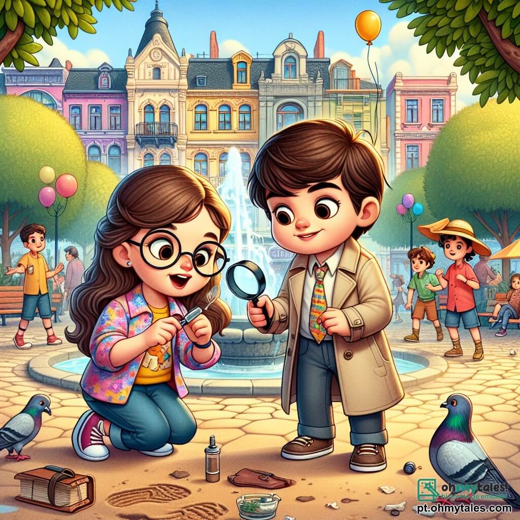 Clara, uma menina de 10 anos com longos cabelos castanhos e óculos redondos, está no centro da imagem, exibindo uma expressão de curiosidade e excitação. Ela usa um trench coat de detetive e segura uma lupa na mão direita, examinando o chão com atenção. Ao lado dela, Miguel, seu melhor amigo de 10 anos, tem cabelos castanhos e uma camiseta colorida, olha para Clara com um sorriso encorajador, segurando um caderno na mão esquerda. O cenário é uma charmosa praça animada, cercada por edifícios coloridos, com uma fonte no centro onde crianças brincam e pombos bicam migalhas. Árvores verdejantes cercam a praça, e balões flutuam no ar, criando uma atmosfera alegre. A situação principal mostra Clara e Miguel em plena investigação, examinando marcas de terra no chão, enquanto um homem misterioso, sentado em um banco ao fundo, observa a cena com uma expressão preocupada, sua grande bolsa ao seu lado.