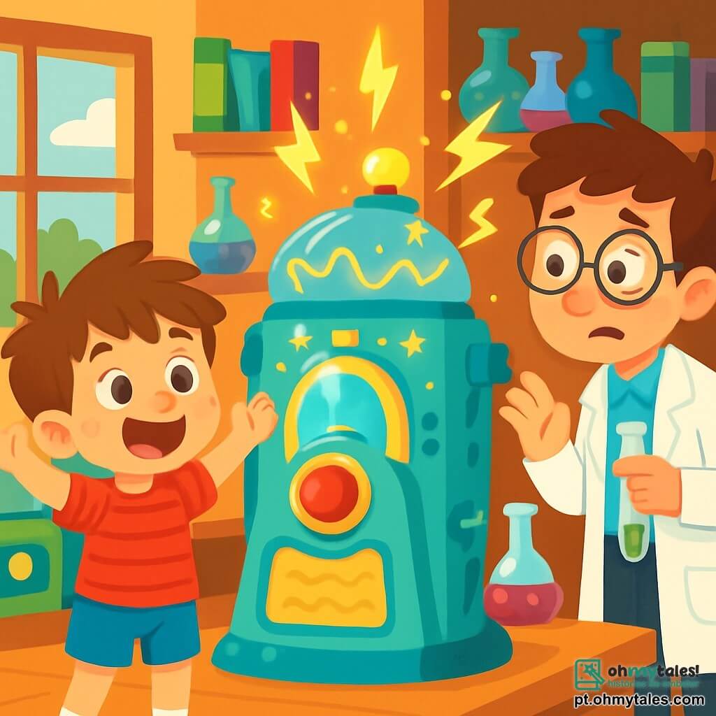 Um menino de 4 anos, Lucas, com cabelos castanhos bagunçados e olhos brilhantes de curiosidade, está em frente a uma máquina do tempo brilhante, com as mãos levantadas de excitação. Ele usa uma camiseta vermelha listrada e um short azul, e seu rosto expressa uma alegria misturada com admiração. Ao lado dele, seu pai, um homem de cerca de trinta anos com óculos redondos e um jaleco branco, observa Lucas com uma mistura de preocupação e diversão. Ele segura um tubo de ensaio em uma mão e parece pronto para intervir. A cena acontece em um laboratório colorido, cheio de livros de ciência, frascos multicoloridos e estranhos aparelhos que piscam. Prateleiras de madeira estão carregadas de objetos científicos, e uma grande janela deixa entrar a luz do sol, iluminando o ambiente. Lucas acaba de pressionar o grande botão vermelho da máquina do tempo, e faíscas de luz mágica saem do aparelho, criando uma atmosfera de mistério e aventura.