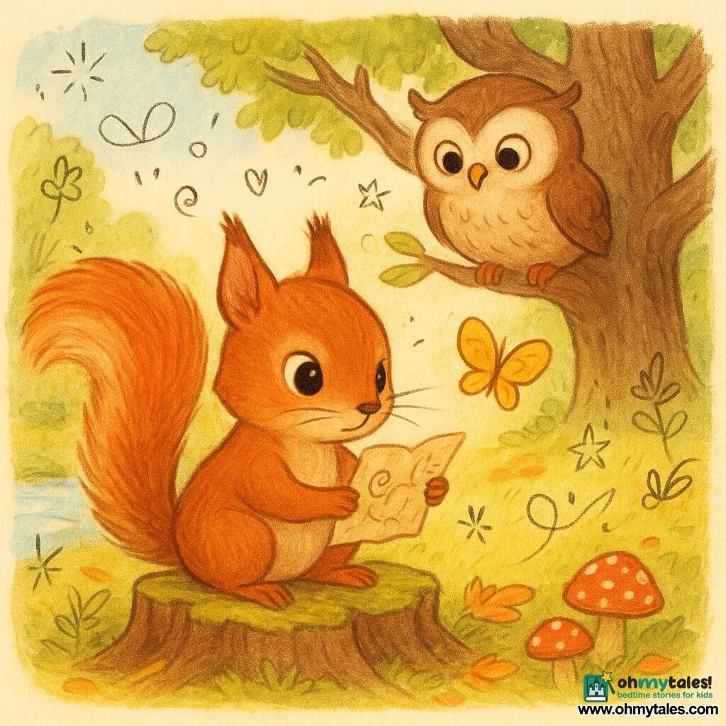 A small red-gray squirrel named Pip with bright eyes and fine whiskers, determined and curious, holds a crumpled paper map on a mossy stump beneath a gnarled oak as a round tawny owl watches from above and a yellow-orange butterfly flutters by; the golden-leafed forest glade, red-and-white mushrooms, a singing stream to the left and a hollow stump revealing a spiral tunnel to the right suggest the start of a treasure hunt, rendered in warm saturated colors with soft rounded lines, pencil and watercolor textures and small overlay doodles (arrows, stars, footprints, tiny sparkling fairy doodles).