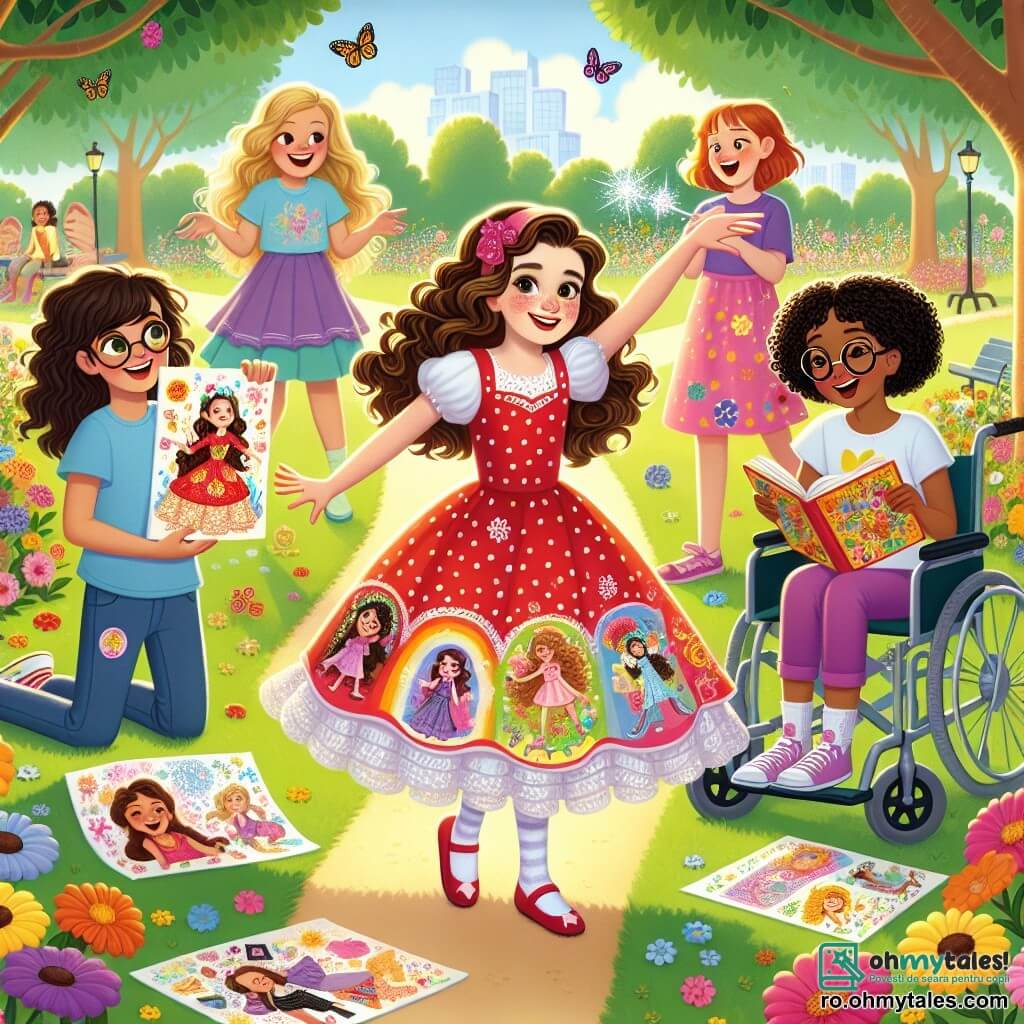 Într-un parc însorit, patru fete stau împreună, înconjurate de flori colorate și copaci verzi. **Andreea** (fată, 10 ani) este în centru, cu părul creț și un zâmbet strălucitor, purtând o rochie roșie cu buline albe și făcând un gest de magie cu o baghetă strălucitoare. **Maria** (fată, 10 ani) se află în stânga, cu părul lung și drept, prins într-o coadă de cal, îmbrăcată într-un tricou albastru și o pereche de pantaloni roz, ținând desene colorate. **Elena** (fată, 10 ani) este în dreapta, cu părul castaniu și ochelari, purtând o bluză albă și blugi, citind o poveste cu o expresie entuziastă. **Ruxandra** (fată, 10 ani) este ușor în spate, într-un scaun cu rotile frumos decorat cu flori, având părul scurt și purtând un tricou violet, zâmbind cu mândrie în timp ce își ascultă prietenele. Parcul este plin de râsete de copii, fluturi zburând și un cer albastru strălucitor, creând o atmosferă veselă și inspiratoare. Fetele sunt reunite pentru a-și împărtăși talentele într-un concurs, fiecare arătându-și creativitatea și încrederea în sine, ilustrând importanța prieteniei și a încurajării.
