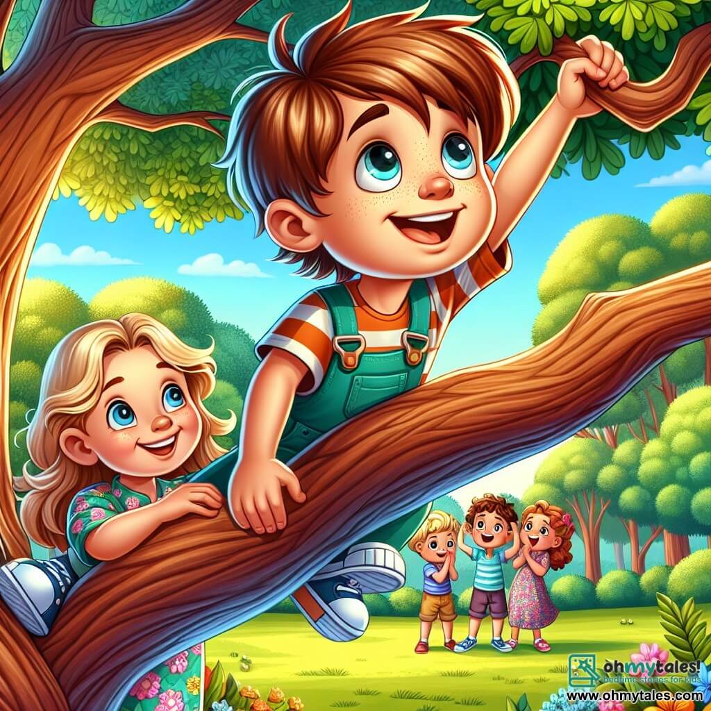 A 10-year-old boy, Oliver, with brown hair and sparkling curious eyes, is determinedly climbing a large branch of a majestic oak tree. His face is lit up with a proud smile, and his cheeks are slightly flushed from the effort. A few meters below, his 7-year-old sister, Lily, with blonde hair and bright eyes, enthusiastically encourages him, arms raised in applause. She is wearing a flower-patterned dress and stands on the green grass, surrounded by a few friends who watch with admiration. The setting is a sunny park, with leafy trees, colorful flowers, and a bright blue sky. The main scene shows Oliver reaching a moment of pride as he stands on the branch, savoring his success and the joy of sharing this moment with his sister and friends.