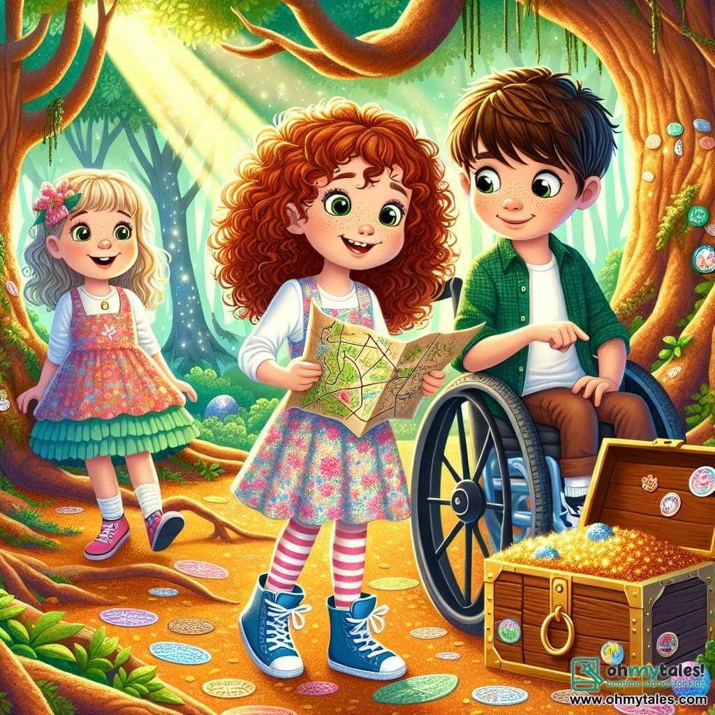 Three adventurous children stand at the center of the scene: Lily, an 8-year-old girl with curly red hair, wearing a floral dress and a big smile, holds a treasure map with sparkling eyes. Jack, a 9-year-old boy with brown hair and bright blue sneakers, stands next to her, pointing at a large 'X' on the map with a determined look. Emily, an 8-year-old girl with a radiant smile, sits in her colorful sticker-decorated wheelchair, gazing at the map in wonder, her hands resting on her knees. They are in a magical forest with majestic trees and vibrant green leaves. Sunlight filters through the branches, creating sparkling light on the golden leaf-covered ground. The children are discovering hidden treasure, with a small wooden chest at their feet, surrounded by leaves. The chest is ajar, revealing a glowing colorful globe that lights up their amazed faces.