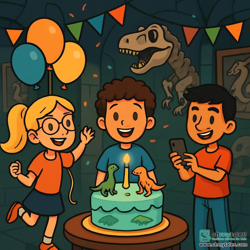 There are 3 characters: Max, a 12-year-old boy with curly brown hair, wearing a blue t-shirt and yellow shorts, standing in the center, smiling with a large dinosaur-themed birthday cake in front of him; Sophie, a 12-year-old girl with a long blonde ponytail and round glasses, to the left of Max, holding colorful balloons and bouncing with excitement; and Ben, a 12-year-old boy with short black hair, wearing a red t-shirt and jeans, to the right of Max, holding a phone and smiling, ready to capture the moment. The setting is a mysterious gallery in a museum, with walls adorned with replicas of mythical creatures and dinosaurs. The dim lighting creates a magical atmosphere, while colorful birthday decorations float in the air, adding a festive touch. The main scene shows the three friends celebrating Max's birthday in this secret room, surrounded by laughter and joy, with the sparkling cake at the center and floating balloons dancing around them.