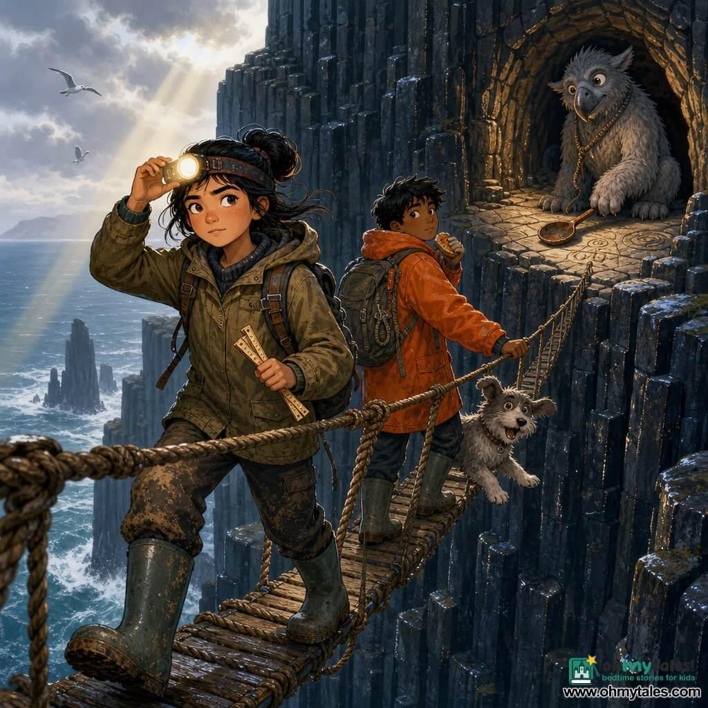 Confident, focused female explorer with hair in a bun, khaki wax jacket, muddy hiking pants and rubber boots holds a lit headlamp and a small folding ruler while cautiously crossing an old rope bridge between vertical black basalt columns; about 12-year-old Sami boy in an oversized orange raincoat and large backpack follows, one hand on the rope and the other clutching a treat, glancing toward a cave entrance behind them; small gray dog Pebble with a floppy ear barks softly near Sami’s feet; a cat-sized gray-feathered cave-dwelling bird with curious eyes and a rope loop around its neck stands on a rock platform near the cave, one foot on a rusty spoon; setting: wet shiny basalt cliffs above a stormy sea, cloudy sky with pale shafts of light and a pale stone slab engraved with lines and circles higher up; mood: tense crossing toward a mysterious cave with warm lamp light contrasting the cool basalt and sea, mutual respect between explorers and creature; style: crisp vector illustration, saturated colors with textured wet rock, worn rope and soft feathers, slight low-angle dynamic framing.
