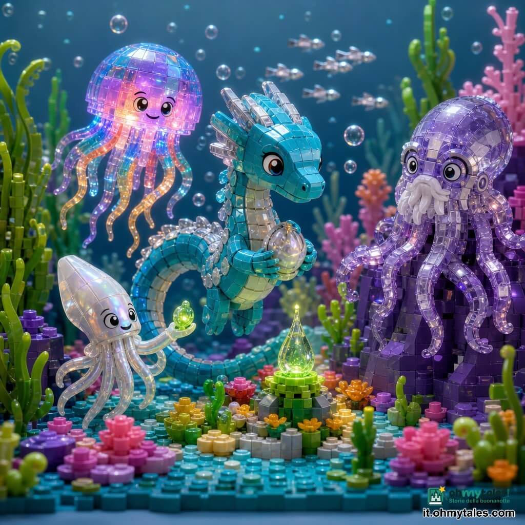 Un piccolo drago marino protagonista, squame turchesi brillanti con riflessi argentei, sguardo dolce e determinato, nuota tenendo contro il petto una piccola conchiglia mentre riceve da una pietra vivente una goccia verde luminosa del Rimedio; dietro di lui Luma, una medusa amica rotonda e traslucida con bagliore rosa-azzurro che illumina il percorso; a destra un polpo custode di vetro con tentacoli sfaccettati posa su una roccia corallina osservando; a sinistra un piccolo calamaro dalle trame nacrate tiene un seme di luce pronto a offrirlo; ambientazione: giardino sottomarino in mattoncini Lego con grandi alghe verdi, fiori marini colorati, rocce coralline rosa-viola e banchi di piccoli pesci argentati, atmosfera luminosa e calda con bolle trasparenti, composizione centrata in stile infantile e giocoso.