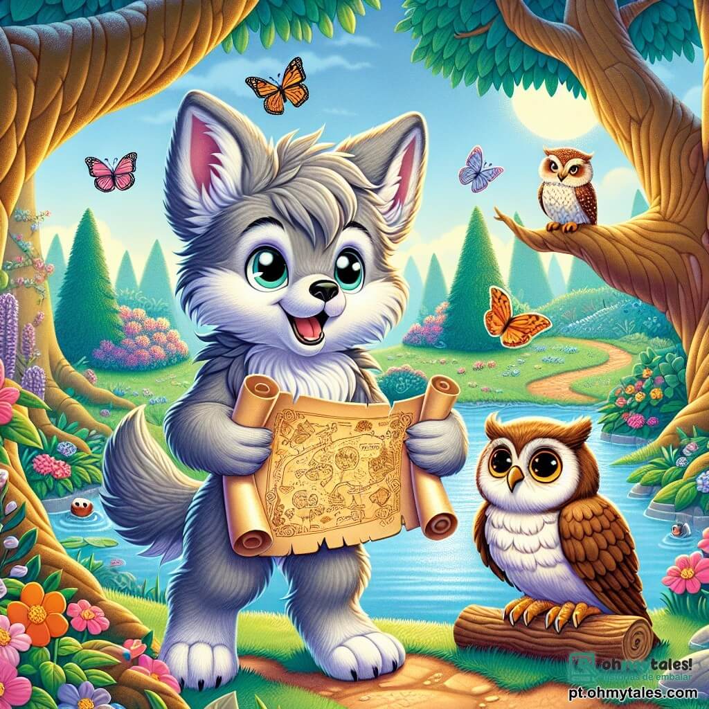 Um pequeno lobo chamado Lucas, com um pelo cinza macio e olhos brilhantes de curiosidade, segura um velho pergaminho em suas patas dianteiras, exibindo um grande sorriso de empolgação. Ao seu lado, uma coruja chamada Zuzu, com penas marrons e olhos redondos e sábios, observa o céu com um ar atento, empoleirada em um galho baixo de uma árvore. O cenário é um jardim encantado, repleto de flores vibrantes, grandes árvores com troncos retorcidos e um lago cintilante onde rãs saltam alegremente. Ao fundo, borboletas gigantes dançam no ar ensolarado. A situação principal mostra Lucas e Zuzu diante de um cruzamento misterioso, onde três caminhos se separam, cada um ladeado por arbustos floridos, e Lucas, com um olhar determinado, parece pronto para escolher um dos caminhos e começar sua grande aventura.