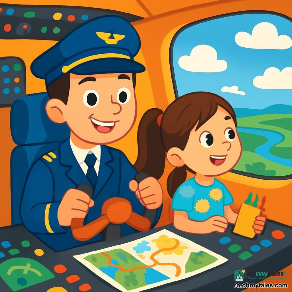 Un tânăr, Luca, stă în cabina unui avion strălucitor, zâmbind larg. Poartă o uniformă de pilot albastră și o șapcă cu un insigne auriu. Ochii lui strălucesc de entuziasm în timp ce ține volanul avionului. Lângă el, o fetiță, Ana, de aproximativ 8 ani, privește cu uimire pe fereastra avionului. Are părul lung și brunet prins într-o coadă de cal și poartă o rochie colorată cu modele de nori. Ține o cutie de creioane colorate, pregătită să deseneze. Cabina este plină de lumini intermitente și instrumente colorate, cu o priveliște spectaculoasă prin fereastră, arătând un cer albastru strălucitor cu nori pufoși. Sub ei, se văd câmpuri verzi și râuri sclipitoare care se serpentinează prin peisaj. Luca și Ana își pregătesc zborul, având planuri de zbor colorate în față. Atmosfera este veselă și plină de aventură, pregătindu-se să decoleze spre noi descoperiri în cer.