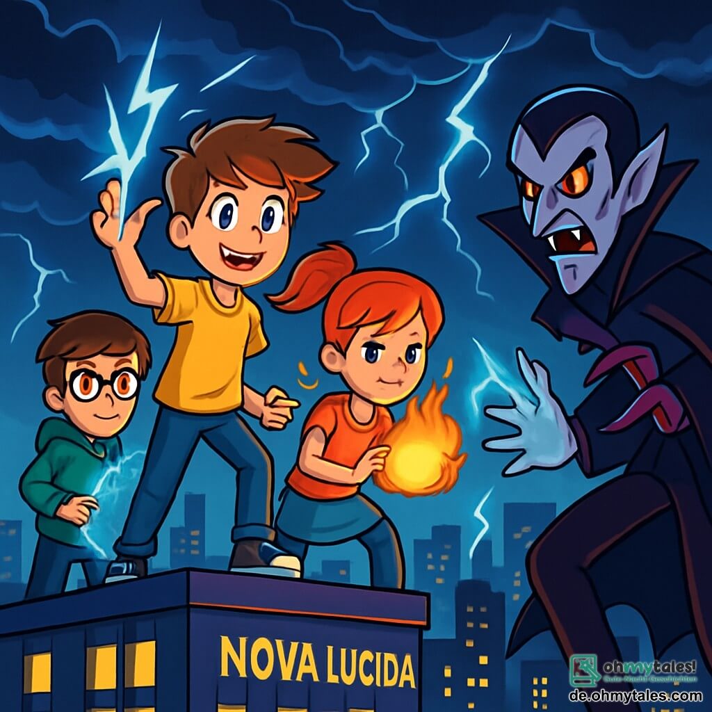 Linus Volt, ein 12-jähriger Junge, steht auf dem Gipfel eines glitzernden Wolkenkratzers, seine strubbeligen braunen Haare wehen im Wind. Seine leuchtend blauen Augen strahlen vor Aufregung und Entschlossenheit, während er eine Hand hebt, bereit, einen elektrischen Schlag zu entfesseln. An seiner Seite konzentriert sich Taya, ein 11-jähriges Mädchen mit feurigen Haaren, um eine Feuerkugel zu erzeugen, ihr Gesicht zeigt Mut und Konzentration. Milo, ein 12-jähriger Junge mit braunen Haaren und Brille, steht etwas im Hintergrund und bildet mit einem ernsten Blick eine Eisbarriere, bereit, seine Freunde zu beschützen. Der Himmel ist stürmisch, mit dunklen, bedrohlichen Wolken, während Blitze den Horizont erhellen. Unten breitet sich die Stadt Nova Lucida mit futuristischen Gebäuden und funkelnden Lichtern aus, was einen starken Kontrast zur angespannten Atmosphäre der Szene bildet. Die drei Freunde bereiten sich darauf vor, gegen Volt-Vampir, einen geheimnisvollen Superschurken, zu kämpfen, der bereit ist, die Energie der Stadt zu stehlen. Die Intensität der Konfrontation ist spürbar, jeder Charakter bereit, für ihr Zuhause zu kämpfen.