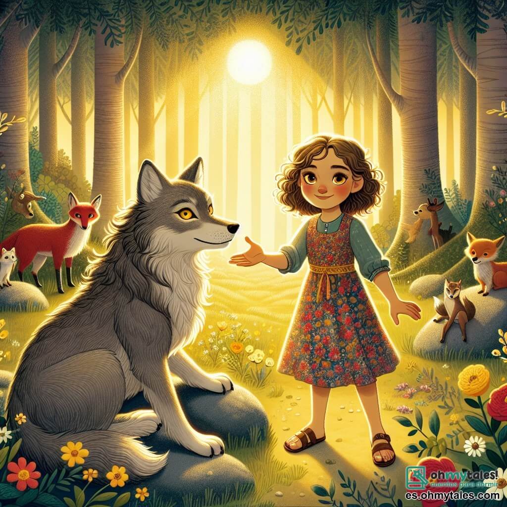 Una niña de 12 años, Clara, con hermosos cabellos rizados color castaño claro, se encuentra en el centro de la escena, mostrando una expresión de determinación y curiosidad. Lleva un vestido colorido con motivos florales y sandalias, y extiende la mano hacia un gran lobo de pelaje gris, que parece suave y triste, sentado sobre una piedra. El lobo, con ojos amarillos brillantes, mira a Clara con una expresión de gratitud, con sus grandes orejas apuntando hacia adelante. Al fondo, se ve un grupo de animales del bosque, como un pequeño zorro rojo y un majestuoso ciervo, que observan la escena con curiosidad, escondidos detrás de arbustos florecidos. El lugar es un claro encantado del bosque, bañado de luz dorada, rodeado de árboles de troncos gruesos y hojas verdes vibrantes, con flores coloridas que cubren el suelo. La situación principal muestra a Clara y al lobo confiando el uno en el otro, simbolizando la amistad naciente entre ellos, mientras se preparan para ayudar a los otros animales del bosque juntos.