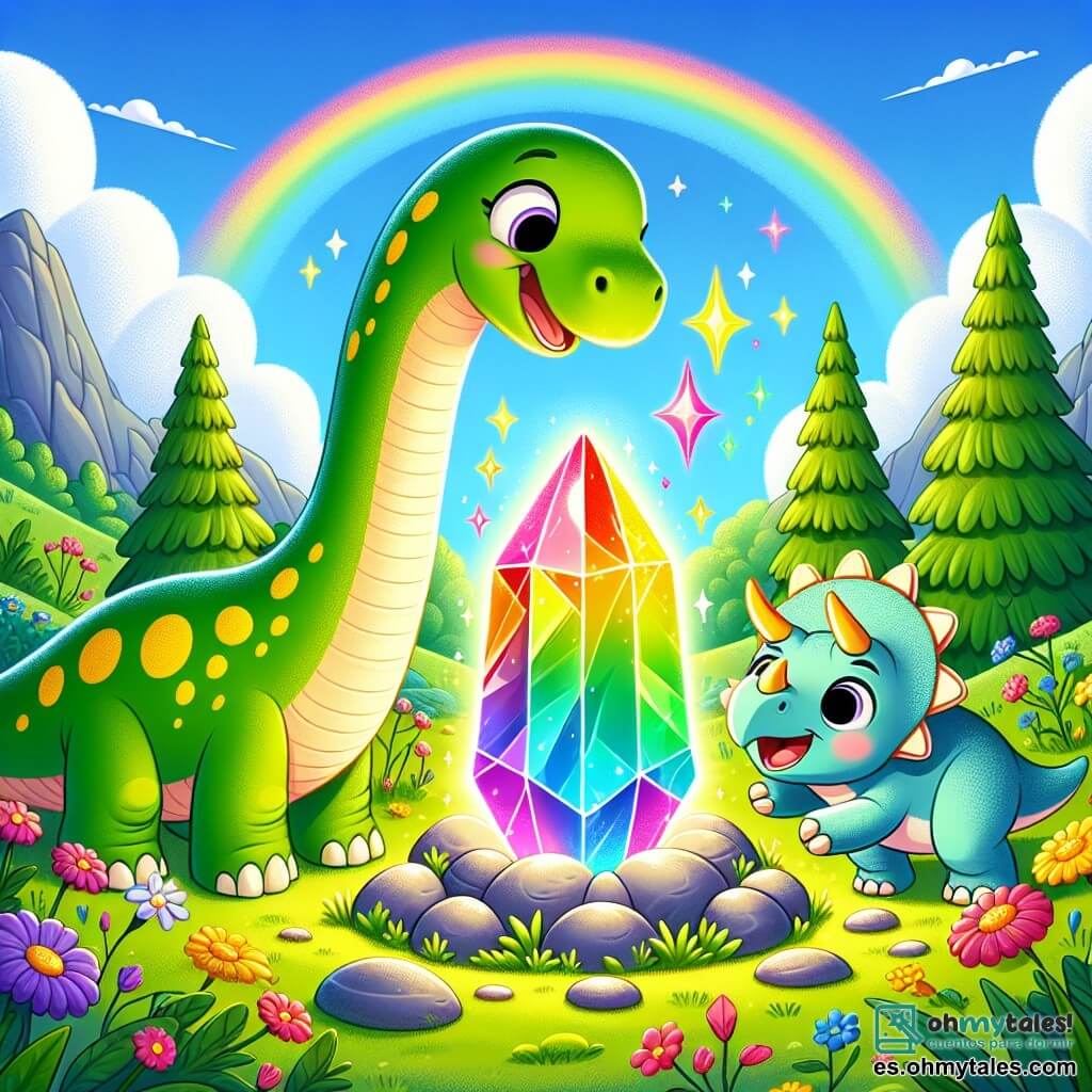 Un diplodocus alegre y curioso, con un largo cuello y una piel verde manchada de amarillo, se encuentra en el centro de la imagen, mirando maravillado un cristal brillante de colores del arcoíris. A su lado, un pequeño triceratops, con cuernos adorables y una piel azul claro, salta de alegría, con los ojos muy abiertos de sorpresa. El fondo es una montaña verde, salpicada de flores coloridas y grandes árboles, bajo un cielo azul brillante con algunas nubes blancas y esponjosas. En primer plano, piedras lisas y brillantes rodean el cristal mágico, que emite un resplandor deslumbrante. La escena principal muestra a Dino y Trico descubriendo juntos el cristal, mientras flores vibrantes emergen del suelo a su alrededor, creando un ambiente mágico y alegre.