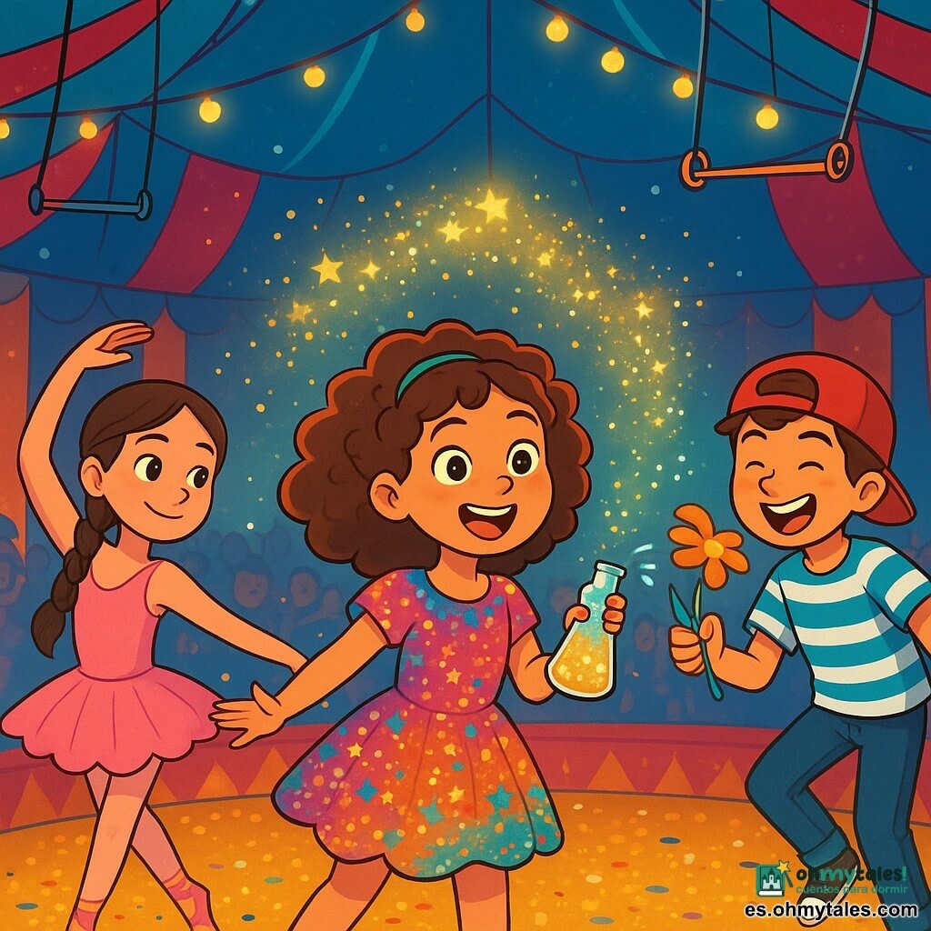 Hay 3 personajes: - Martina: una niña de 9 años, pequeña y chispeante, con cabello rizado y un vestido colorido adornado con purpurina. Está en el centro, sosteniendo un frasco de polvo brillante, lista para usarlo en su número mágico. - Hugo: un niño de 10 años, alto y travieso, con una gorra roja al revés y una camiseta a rayas. Está un poco atrás, riendo mientras sostiene una flor que lanza agua, listo para hacer una broma. - Sol: una niña de 9 años, tranquila y concentrada, con cabello largo trenzado y un tutú rosa. Está a la izquierda, mostrando un movimiento de baile, con una sonrisa alentadora en el rostro. La situación principal se desarrolla en una gran carpa de circo, llena de colores vivos y luces brillantes. El suelo está cubierto de purpurina dorada y confeti, mientras que trapecios y aros suspendidos flotan sobre ellos. En el fondo, se ven espectadores maravillados, con los ojos brillantes de emoción. La escena muestra a los tres amigos preparando su número de circo. Martina sopla polvo de purpurina en el aire, creando una lluvia de estrellas brillantes a su alrededor, mientras Hugo hace una voltereta torpe y Sol baila con gracia, todos juntos en un ambiente alegre y mágico.