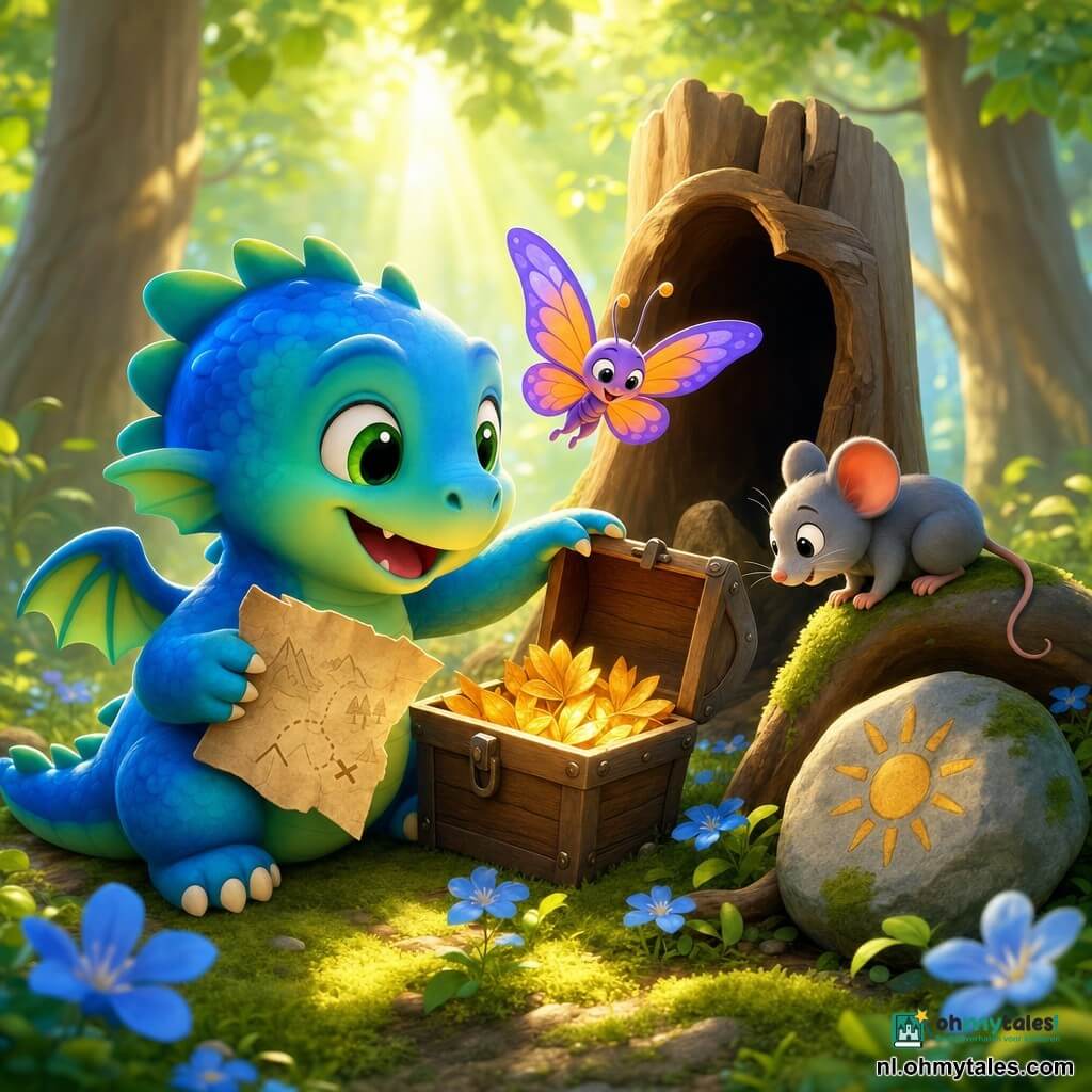 Flin, een klein rond en schattig draakje met glinsterende blauwe en groene schubben en grote groene ogen, opent dapper een houten kistje met gouden blaadjes terwijl hij een gekreukelde papieren kaart vasthoudt; Lina, een lief vlindertje met paarse en oranje vleugels, fladdert er blij boven en bewondert de vondst, en Mino, een kleine grijze muis, staat verlegen op een wortel en gluurt in het kistje; op de voorgrond een holle stronk en een steen met zontekening, bloemen en groen mos, zacht zonlicht valt tussen boomstammen, pastelkleuren, ronde vormen en een warme, kinderlijke sfeer.