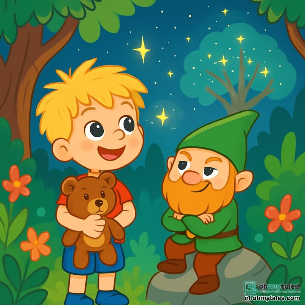 Een vierjarig jongetje genaamd Floris, met rommelig blond haar en grote nieuwsgierige ogen, houdt een teddybeer in zijn armen. Hij heeft een verwonderde glimlach en kijkt in de verte, gefascineerd door een fonkelend licht. Naast hem staat een kleine gnoom genaamd Karel, ongeveer zes jaar oud, met een rode baard en een groene puntige hoed, die hem met een ondeugende blik observeert. Karel staat op een rots, met zijn armen gekruist, klaar om een geheim te delen. De achtergrond is een betoverd bos, met grote bomen met knoestige stammen, stralend groene bladeren en kleurrijke bloemen overal. In de verte schittert de silhouet van een majestueuze boom onder een sterrenhemel, verlicht door dansende sterren rond zijn takken. De belangrijkste situatie toont Floris en Karel, midden in het bos, terwijl ze praten over hun avontuur naar de sterrenboom, omringd door lichtflitsen die een magische en veelbelovende sfeer creëren.