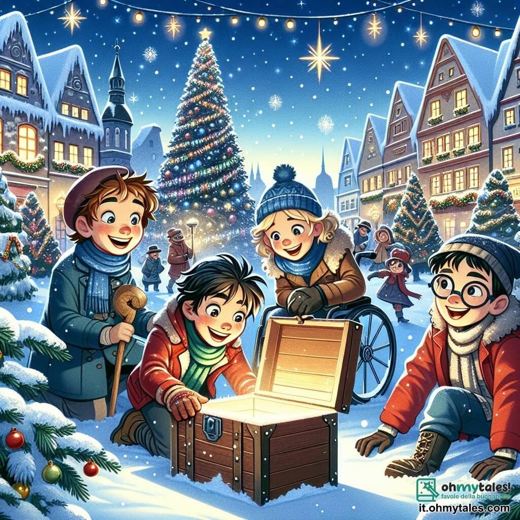 In un incantevole villaggio innevato, quattro amici si trovano al centro della scena. Tommaso, un ragazzo di 10 anni con i capelli castani e un sorriso splendente, sta dissotterrando una vecchia scatola di legno, le mani immerse nella neve. Alla sua destra, Giulia, una ragazza di 9 anni con capelli biondi e ricci, guarda con meraviglia, gli occhi pieni di curiosità. A sinistra, Marco, un ragazzo di 10 anni in sedia a rotelle, sorride gioiosamente, vestito con un cappotto rosso, mentre Luca, un ragazzo di 9 anni con occhiali e capelli neri, si avvicina con un'espressione entusiasta, pronto a scoprire il contenuto della scatola. Lo scenario è magico: case di legno con i tetti coperti di neve scintillante, luci che brillano come stelle e fiocchi di neve che cadono dolcemente dal cielo. In lontananza, maestosi abeti decorati con palline colorate e luci scintillanti. La situazione principale mostra gli amici che scoprono un misterioso tesoro di Natale, una scatola antica, mentre sono circondati dalla magia dell'inverno, pronti a vivere un'avventura indimenticabile.