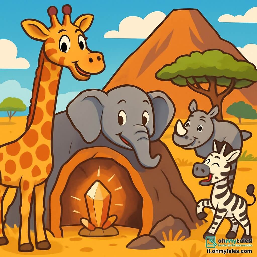 Una maestosa giraffa di nome Gina si trova al centro della scena, il suo lungo collo maculato si innalza verso il cielo azzurro. I suoi grandi occhi brillano di eccitazione e curiosità, mentre un sorriso gioioso illumina il suo volto. Accanto a lei, un saggio elefante di nome Elio, con la pelle grigia e le grandi orecchie, la osserva con benevolenza, i suoi occhi scintillanti di orgoglio. Sullo sfondo, un rinoceronte dal volto amichevole, Rocco, si trova vicino a un albero di acacia, mentre una zebra a strisce, Zuri, danza gioiosamente attorno a loro. Il paesaggio è una savana dorata, punteggiata di alte erbe ondeggianti e alcuni alberi sparsi, sotto un cielo blu brillante punteggiato di nuvole bianche e soffici. La scena principale mostra Gina e i suoi amici che scoprono una misteriosa grotta ai piedi di una montagna, dove una luce scintillante emana da un cristallo al centro, illuminando i loro volti stupiti.