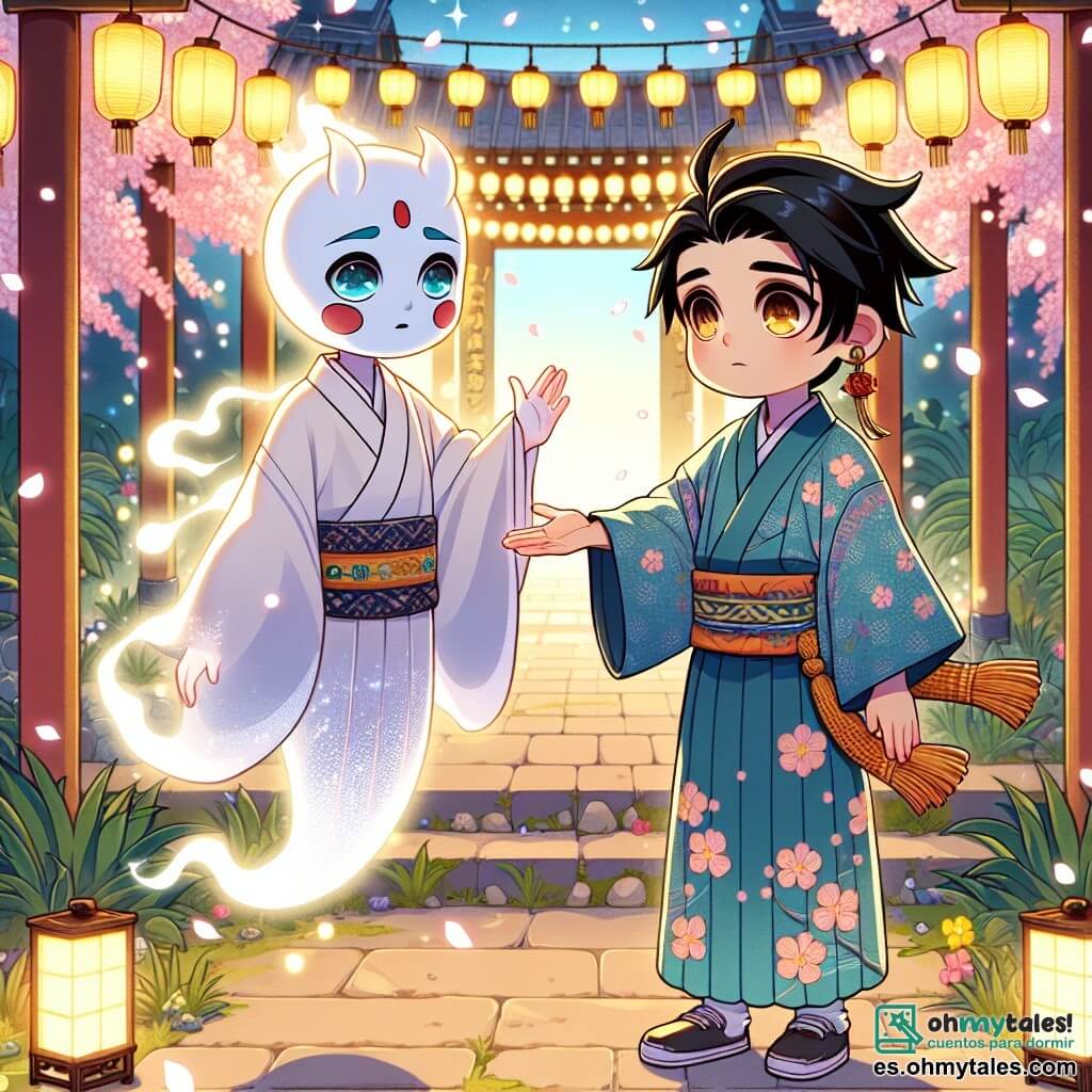 Un joven llamado Hiroshi, de unos 12 años, se encuentra en el centro de la escena. Tiene el cabello negro y brillante, ojos llenos de curiosidad y una cálida sonrisa. Lleva un kimono tradicional azul con motivos de cerezos en flor y está extendiendo la mano hacia un espíritu, con una expresión de determinación y empatía en su rostro. A su lado, Yurei, un espíritu en kimono blanco, flota ligeramente sobre el suelo. Su rostro es pálido y triste, pero sus ojos comienzan a brillar de esperanza. Mira a Hiroshi con gratitud, mientras una suave luz emana de él, iluminando el entorno. El decorado es un antiguo templo, rodeado de faroles de papel de colores que bailan con la brisa. Árboles de cerezos en flor bordean el camino, con pétalos rosas cayendo como nieve. El suelo está cubierto de hojas verdes y doradas, creando una atmósfera mágica y serena. La situación principal muestra a Hiroshi y Yurei celebrando la restauración de la armonía, rodeados de otros espíritus que comienzan a bailar y reír, llenando el aire de alegría y luz. Los colores vivos y las expresiones alegres de los personajes transmiten un sentimiento de felicidad y esperanza.