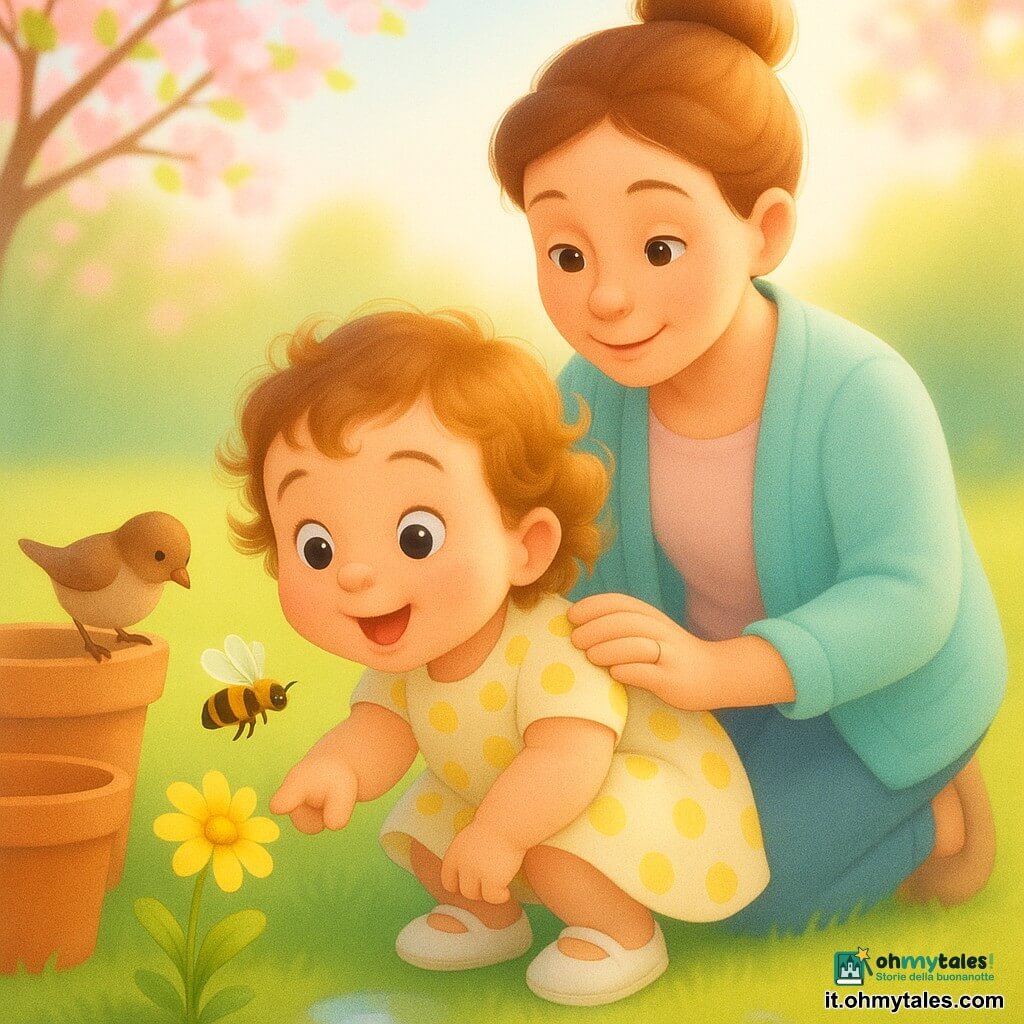 Bambina di 2 anni felice e meravigliata, capelli castani chiari a piccoli ricci, guance rosate, grandi occhi luminosi, con vestitino leggero a pois gialli e scarpine bianche, accovacciata e con il dito verso un fiore giallo; donna di circa 30 anni dietro, sorriso dolce e capelli raccolti in chignon, giacca pastello, la tiene leggermente per la spalla destra e guarda il fiore con tenerezza; piccolo uccellino bruno sul bordo di un vaso di terracotta a sinistra che becca il legno; ape nera e gialla vola vicino al fiore, ali sfocate ma non pericolosa per la bambina; giardino luminoso con prato verde curato, vasi in terracotta, una piccola pozza d'acqua brillante accanto alla bimba e sole mattutino filtrato da rami di ciliegio in fiore; scena primaverile tranquilla, colori pastello vivaci e texture morbide.