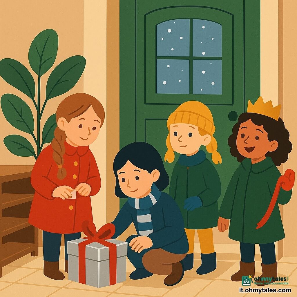 Ci sono quattro bambine di circa 10 anni: una castana chiara con treccia e cappotto rosso a bottoni dorati che tiene una piccola scatola argentata con un grande fiocco rosso e la posa dietro una pianta finta a sinistra; una mora a capelli corti con sciarpa a righe blu e bianca, accovacciata mentre infila un biglietto o un sacchetto nella scatola, al centro-sinistra; una bionda con codini, guanti blu e berretto giallo che fa la “guardia” in piedi a destra della scatola, guardando la porta verde; una bruna riccia con una piccola corona di carta e soprabito verde che tiene un rotolo di nastro rosso e gesticola di gioia leggermente dietro a destra. Luogo: antico ingresso con grande portone in legno verde, pavimento piastrellato beige, pianta finta in vaso accanto a un vecchio mobile per scarpe, luce calda del tardo pomeriggio e fiocchi di neve visibili attraverso la porta vetrata. Situazione: le quattro bambine deposita no discretamente la scatola regalo argentata dietro la pianta preparandosi per un augurio di Capodanno; composizione calma e accogliente, sorrisi, colori caldi in contrasto con l’esterno innevato, dettagli netti come il fiocco rosso, le piastrelle, la trama del legno e i fiocchi di neve.