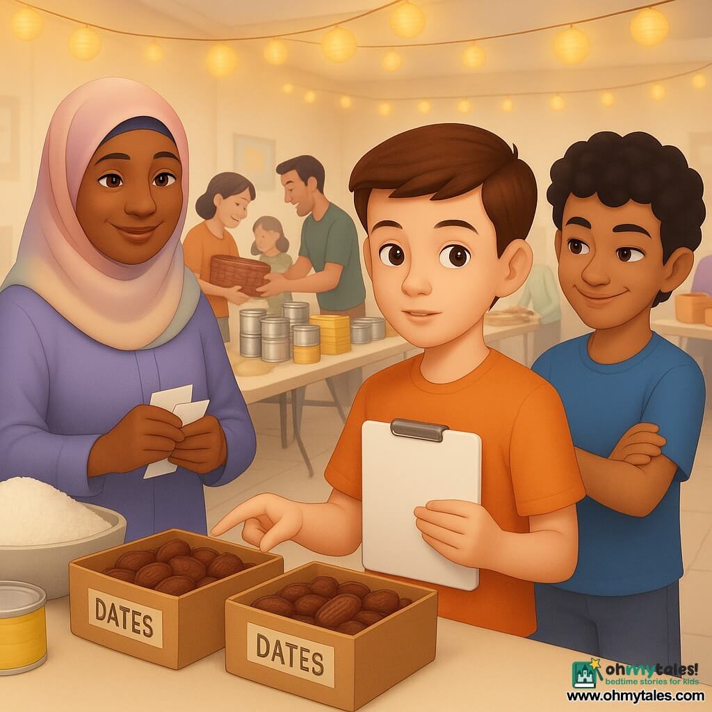 A shy but focused 12‑year‑old boy, Milo, with bright brown eyes and neat short brown hair, holds a white clipboard and points to two boxes of brown dates; an about‑11‑year‑old boy, Sami, with curly black hair and olive skin in a blue T‑shirt, stands slightly behind to the right with arms crossed, encouraging Milo; Ms. Farah, about 40, wearing a pastel headscarf, dark skin and kind eyes, stands behind a table at left holding labels and looking proud; volunteers of all ages and backgrounds stack wicker baskets and pass cans in the background; the scene is a bright, organized community hall lit by golden paper lanterns, with folding tables laden with white rice, silver cans, yellow pasta packs and red‑pattern baskets, tiled floor and cream walls with simple posters; Milo announces in a clear, gentle voice that the dates are behind the canned corn, and others turn and smile, hands moving the date boxes.
