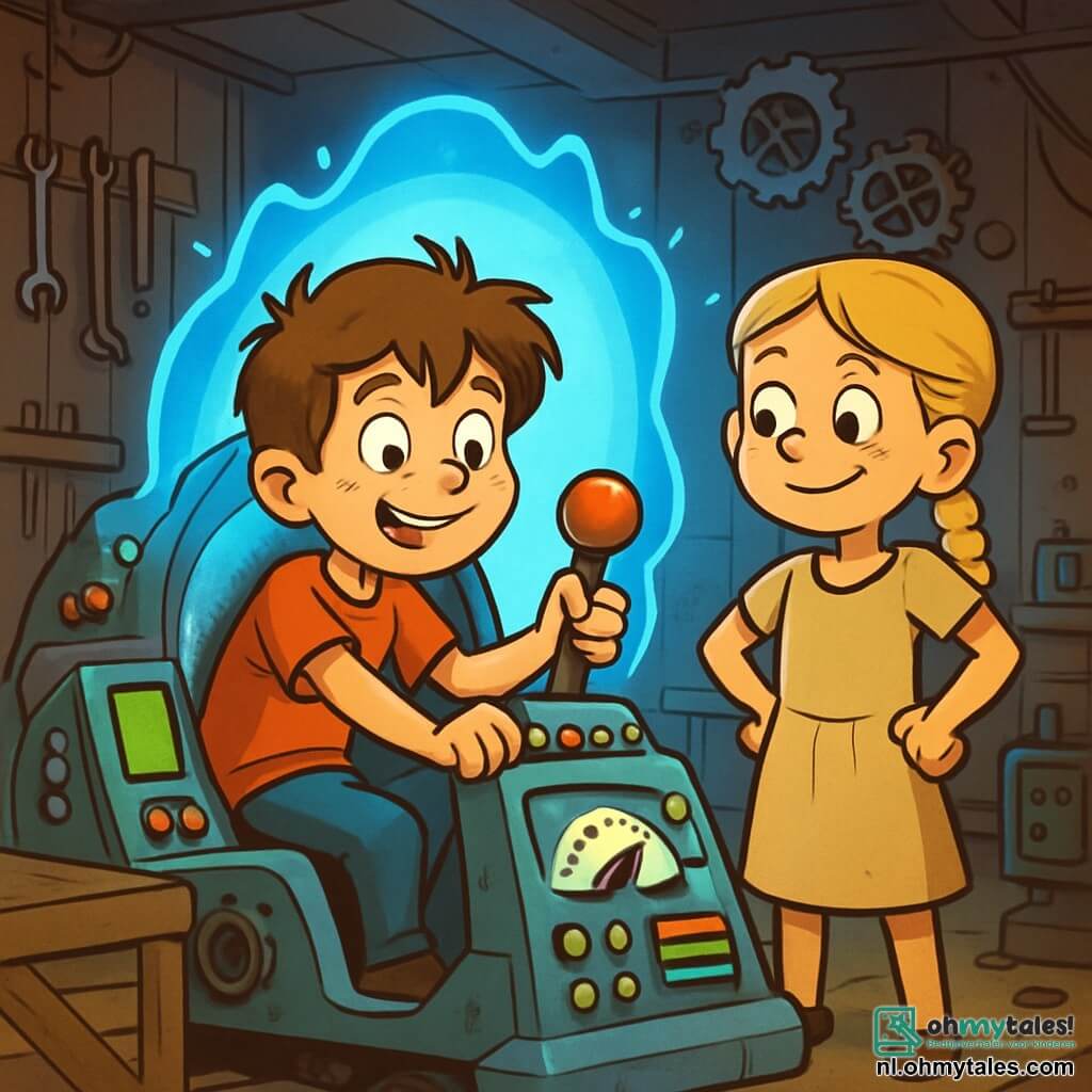 Een 10-jarig jongetje, Lars, met rommelig kastanjebruin haar en nieuwsgierige ogen, zit in een grote tijdmachine. Zijn gezicht toont opwinding en een beetje angst, met een brede glimlach en lichtroze wangen. Naast hem staat een meisje van zijn leeftijd, Lise, met gevlochten blond haar en een eenvoudige katoenen jurk, met haar handen op haar heupen en een vastberaden en aanmoedigende blik. De omgeving is een stoffige garage, vol met oude gereedschappen, houten kisten en vreemde knipperende machines. Achterin straalt een blauwe licht van de tijdmachine, wat een mysterieuze en fascinerende sfeer creëert. Lars is klaar om de grote rode hendel van de machine te bedienen, terwijl Lise hem met een samenzweerderige glimlach aanmoedigt, benieuwd waar de reis hen naartoe zal leiden.