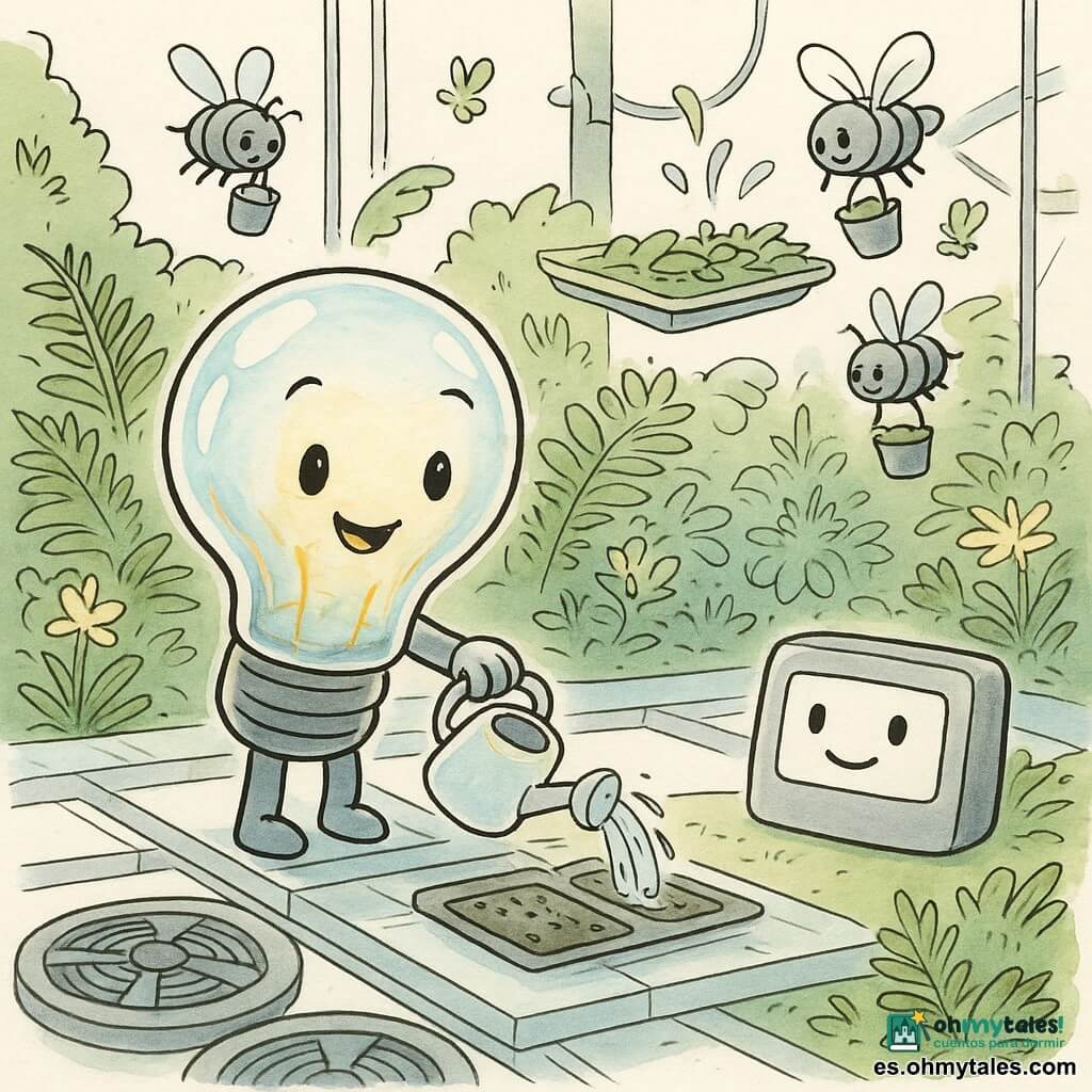 El personaje principal es una pequeña lámpara de vidrio translúcido, sonriente y decidida, con reflejos azules y dorados, que desde una pasarela de cristal vierte delicadamente agua sobre filtros sucios; junto a ella, una caja plana plateada con un "rostro" de LED muestra alivio y fatiga mientras recupera energía y parpadea en agradecimiento, y varias abejas robot redondas y metálicas con alas translúcidas transportan hojas en cubos hacia una plataforma de compost; todo ocurre en un jardín colgante en la azotea de una torre futurista con pasarelas transparentes, helechos y flores luminosas, ventiladores circulares y una fuente de piedra.
