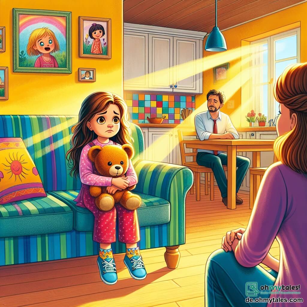 Ein kleines Mädchen von 6 Jahren, Lina, mit langen braunen Haaren und funkelnden Augen, sitzt auf einem bunten Sofa. Sie hat einen besorgten und entschlossenen Ausdruck und hält ihren Teddybär fest. Neben ihr steht ihre Mama, eine Frau in ihren Dreißigern mit braunen Haaren und einem sanften Lächeln, die in der Küche mit den Händen in den Hüften steht und Lina liebevoll ansieht. Der Papa, ein Mann in seinen Dreißigern mit kurzen Haaren und einem leichten Bart, sitzt nachdenklich am Tisch und ist bereit, seiner Tochter zuzuhören. Die Küche ist gemütlich, mit sonnengelben Wänden, einem einladenden Holztisch und Kinderzeichnungen am Kühlschrank. Lichtstrahlen fallen durch das Fenster und erhellen den Raum. Die Hauptsituation zeigt, wie Lina den Mut aufbringt, mit ihren Eltern zu sprechen, um den Konflikt zwischen ihnen zu entschärfen. Sie drückt ihre Gefühle ehrlich aus, während ihre Eltern aufmerksam zuhören, was eine Atmosphäre des Verständnisses und der Liebe schafft.