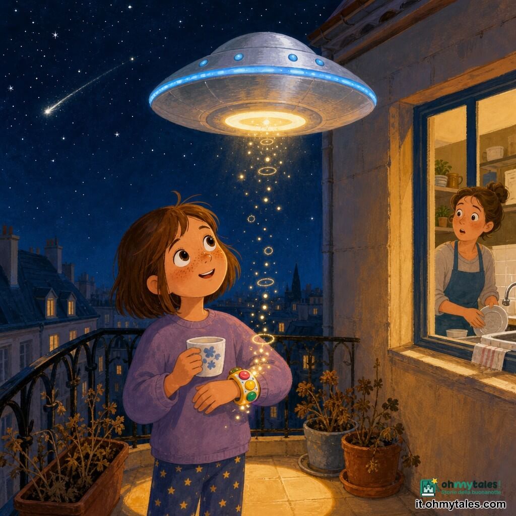 Una bambina di 8 anni dai capelli castani corti con una ciocca ribelle, volto rotondo e lentiggini, occhi grandi e pieni di meraviglia, tiene una tazza di latte tiepido sul balcone guardando il cielo; porta un piccolo braccialetto-giocattolo di plastica con tre pulsanti colorati e lucine, la mano appoggiata sopra come per ascoltare un segreto; un disco volante rotondo e lucido, color argento madreperlaceo con una banda blu luminosa, fluttua sopra il tetto emanando un alone caldo sul balcone; un’«essenza-voce» invisibile appare come onde luminose dorate a forma di punti e anelli che scendono dall’astronave verso il braccialetto; la madre, donna di circa 35 anni coi capelli raccolti e grembiule blu, è visibile dalla finestra della cucina mentre lava i piatti e guarda sorpresa; balcone stretto con ringhiera nera e vasi fioriti appassiti, cielo profondo punteggiato di stelle e una scia luminosa; scena principale: incontro dolce e silenzioso tra la bambina curiosa e il piccolo vascello luminoso, atmosfera notturna tenera, colori caldi e texture spesse che richiamano la gouache, tratti semplici ed espressivi, magica ma rassicurante.