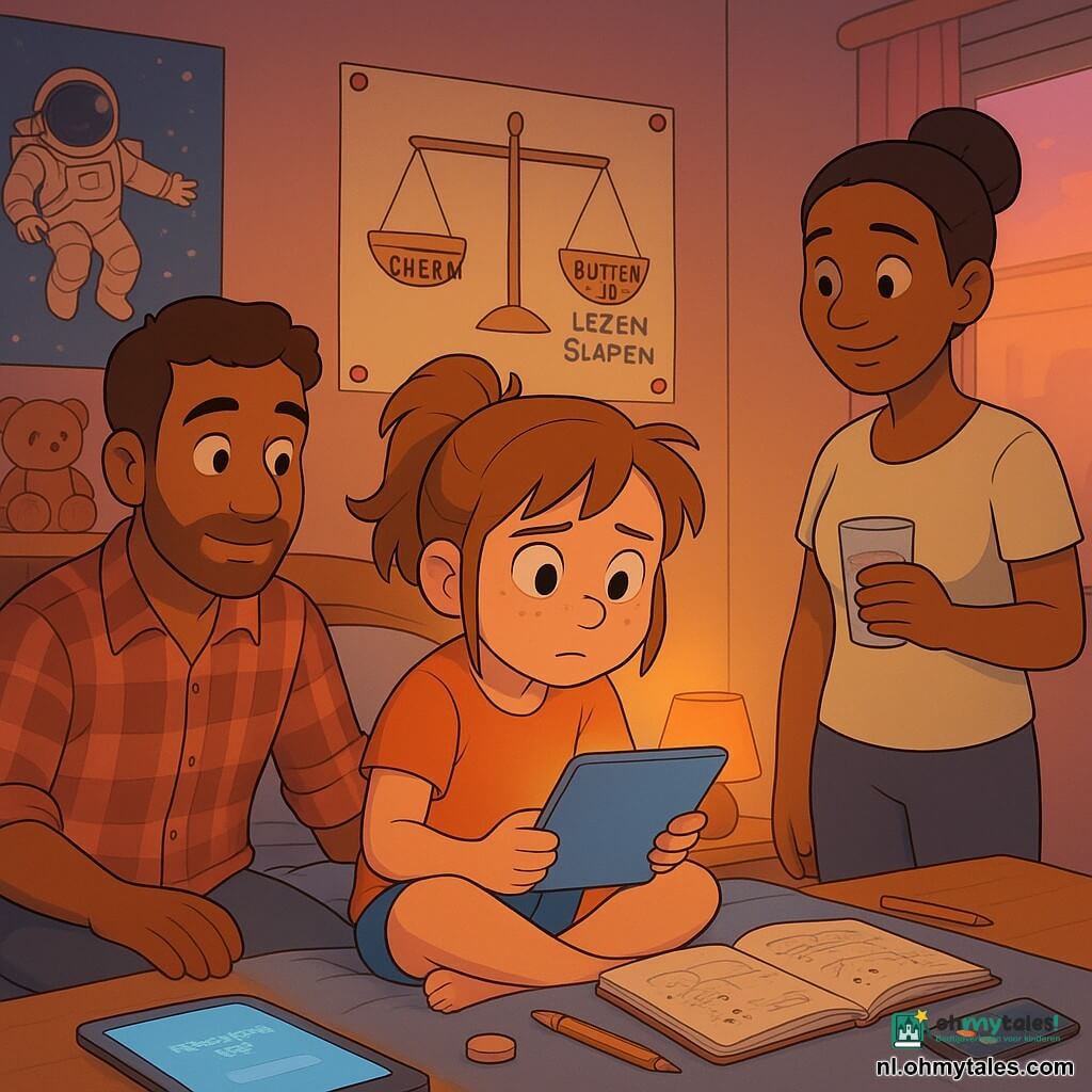 Een 10-jarige meisje, Luna, zit op haar bed, aarzeling en concentratie op haar ronde, sproetige gezicht, lichtbruin haar in een rommelige dot, grote heldere ogen, een lichtgevende tablet in handen; houding met één opgetrokken knie en schouders licht gebogen wijst op twijfel, haar blik wisselt tussen het scherm en een open schrift met rekensommen op het bed. Een moeder van circa 35 staat bij de deur met een zachte glimlach, opgestoken haar en een glas water, een vader van circa 37 zit op de rand van het bed, ontspannen met lichte baard en geruit overhemd, hand op het matras als steun, kijkend naar tablet en schrift. Op het bureau een gloedende tablet met een vage melding "Nieuwe update klaar" en een telefoon met een spelnotificatie; potloden verspreid en een klein rond gum op het bed. Aan de muur een groot gekleurd tekening van een weegschaal met "scherm" aan de ene kant en "buiten, lezen, slapen" aan de andere, vastgezet met punaises. De kamer is warm en rommelig: astronautenposter, plank met knuffels, zachte oranje nachtlamp, halve doorzichtige gordijn met roze schemering. De scène toont Luna die moet kiezen tussen verder spelen en huiswerk maken, in een zachte, verzadigde kleurenwereld met duidelijke gelaatsuitdrukkingen en leesbare gebaren voor kinderen.