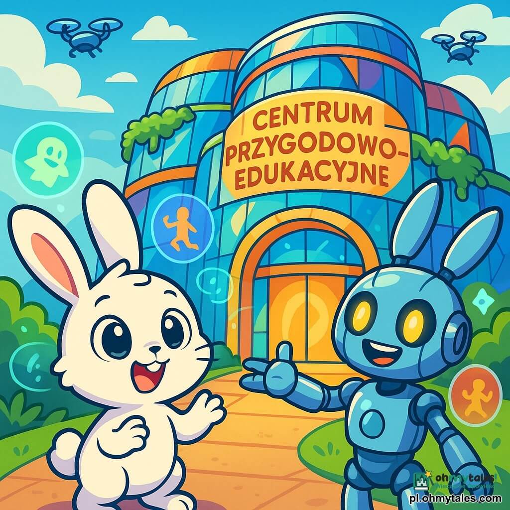 Mały biały króliczek o imieniu Kicuś, z dużymi błyszczącymi oczami i długimi uszami, z zachwytem patrzy na futurystyczny budynek Centrum Przygodowo-Edukacyjnego. Jego wyraz twarzy jest radosny i ciekawski, a małe przednie łapki uniesione jakby był gotowy do skoku z ekscytacji. Obok niego stoi robot o imieniu RoboBunio, z uszami króliczka i błyszczącym metalowym ciałem, uśmiechając się serdecznie. Jego jasne oczy błyszczą z entuzjazmu, gdy wyciąga rękę, aby powitać Kicuśa w centrum. Miejsce to ogromny szklany budynek o zaokrąglonych i kolorowych kształtach, otoczony wiszącymi ogrodami i unoszącymi się w niebie dronami. Hologramy tańczą wokół nich, wyświetlając obrazy gier i przygód. Główna scena pokazuje Kicuśa i RoboBunio przed wejściem do centrum, gotowych na wejście do świata przygód, z żywymi kolorami i migoczącymi światłami, które tworzą magiczną i przyjazną atmosferę.