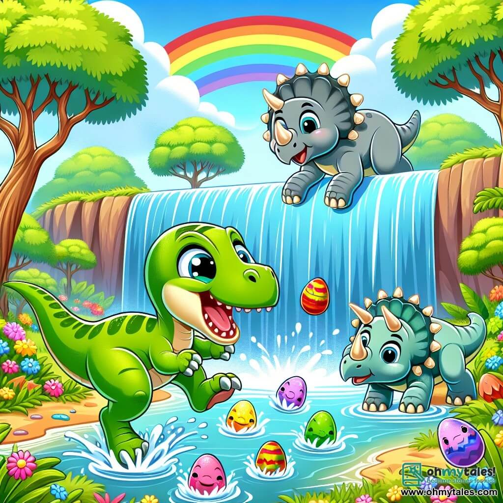 A cheerful velociraptor with green feathers and sparkling eyes jumps near a rainbow waterfall, splashing water enthusiastically. Next to him, a friendly triceratops with gray skin and three horns on its forehead smiles while playing with colorful eggs that have just hatched, standing right beside Rusty. The setting is a lush forest filled with giant trees with shiny leaves and vibrant flowers, under a clear blue sky with fluffy clouds. The scene depicts Rusty and the triceratops having fun together, splashing water from the waterfall while playing with the baby dinosaurs emerging from the eggs.