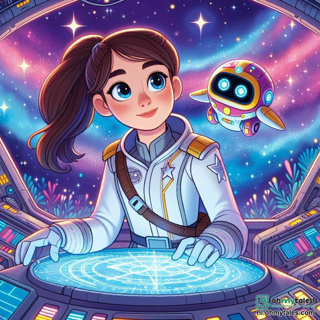 Commandant Zara, een dappere vrouw van rond de dertig, staat trots voor de cockpit van haar ruimteschip, de Starlight Voyager. Ze draagt een schitterend wit uniform met een zilveren ster op de schouder, haar bruine haar is in een paardenstaart gebonden, en haar gezicht straalt vastberadenheid en enthousiasme uit. Naast haar zweeft Blip, een klein robotassistente in felle kleuren, vrolijk in de lucht, met knipperende ogen van opwinding. Hij heeft een ronde vorm en beweegbare armen, en lijkt klaar om Zara te helpen in hun missie. Het schip is omringd door een prachtige kleurrijke nevel, waar tinten blauw, paars en roze samenkomen in een verbluffend schouwspel. Fonkelende sterren verlichten de achtergrond en creëren een magische en mysterieuze sfeer. Zara en Blip onderzoeken een oude kaart gevonden in een verlaten schip, terwijl lichtflitsen om hen heen dansen, symbool voor de mysteries die nog te verkennen zijn.