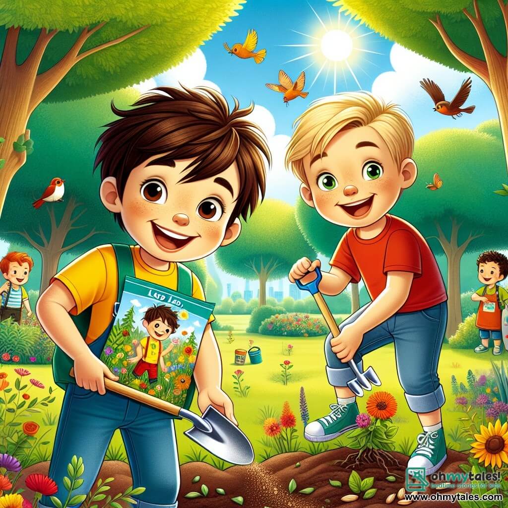 Two six-year-old boys, Leo and Max, stand at the center of the scene. Leo, with messy brown hair and a bright yellow t-shirt, smiles joyfully while holding a small shovel. To his right, Max, with blonde hair and a red t-shirt, excitedly looks at a packet of flower seeds he holds in his hands. They are in a sunny park filled with tall trees with lush green leaves, colorful flowers, and a bright blue sky. Birds are singing in the branches and butterflies are fluttering around the flowers. The main activity shows Leo and Max planting flower seeds in the ground, surrounded by their friends who join them with shovels and watering cans. The atmosphere is joyful and energetic, illustrating the spirit of camaraderie and the children's commitment to caring for nature.