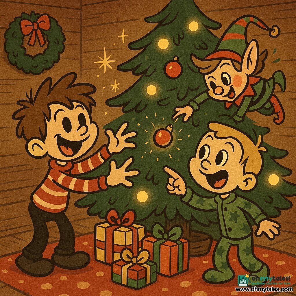 There are three characters: Max, an 8-year-old boy with messy brown hair and a big smile wearing a red-and-white striped sweater, standing left of the tree and reaching for a shiny bauble; Leo, a 6-year-old boy with short blond hair and wide eyes in green starry pajamas, standing right of the tree and laughing while pointing at the little elf; and the Christmas Elf, the size of a cat with a red-and-green pointed hat, rosy cheeks and mischievous eyes, clinging to a low branch and tossing a sparkling bauble toward Max. The scene is inside a warm, wood-paneled bedroom decorated for Christmas with a thick central tree, warm yellow string lights, colorful wrapped gifts at the base, a fluffy red-polka-dot rug, soft lighting and floating starlight dust. The elf shakes the branch and throws the sparkling bauble as Leo laughs, creating a cozy, festive, movement-filled moment with golden glitter in the air.