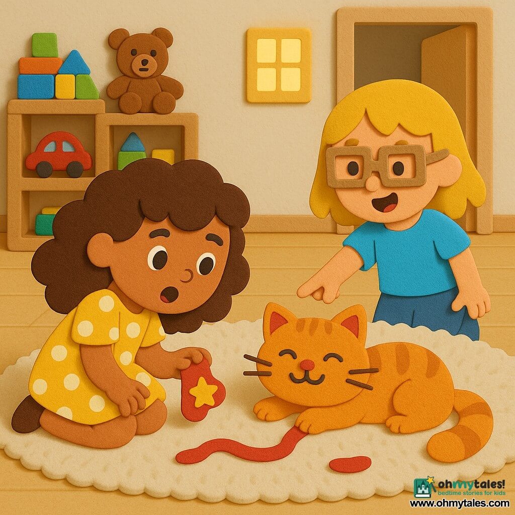 Three characters: Mia, 5, curly brown hair, yellow polka‑dot dress, crouched left holding a small red slipper with a yellow star, amazed; Lucy, 5, straight blond hair, sky‑blue T‑shirt and cardboard glasses, right and slightly behind Mia, pointing at a red plush trail on the floor; Ginger, a female orange tabby cat, fluffy with a loud purr, lying center on a beige rug with the rest of the red sock beside her, mischievous. Interior child’s living room with light wood floor, large beige plush rug, low shelves of colorful toys (red car, brown teddy), a square window with warm light and an open bedroom door at the back. Main scene: the two little detectives discover the red sock found near the cat, with a small red plush trace forming a path on the rug; joyful scene, vivid colors, simple shapes, thick sticker‑like EVA foam textures.