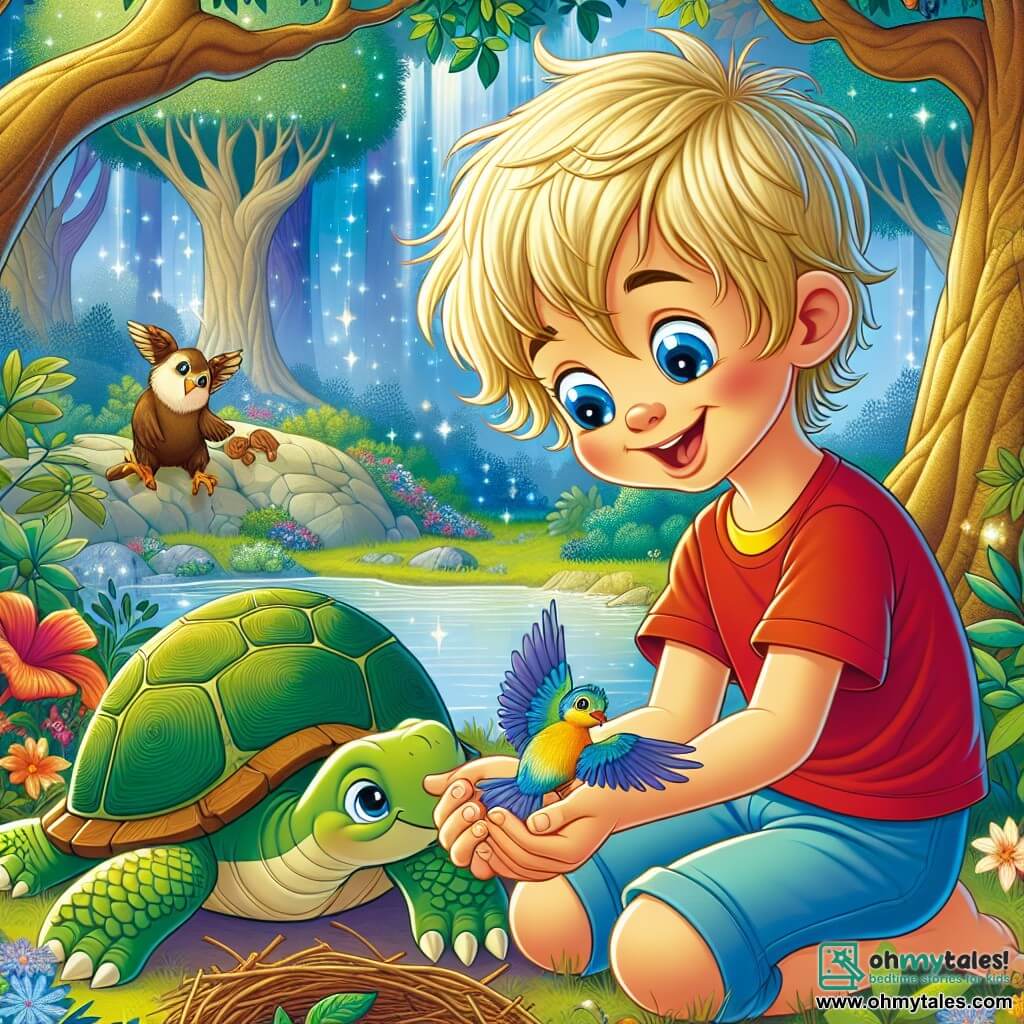 A 3-year-old boy named Leo, with sparkling blue eyes and messy blonde hair, joyfully smiles while holding an injured bird in his hands. He wears a red t-shirt and blue shorts, and his face shows great compassion. Next to him is a wise old turtle named Tully, with a shiny shell and gentle eyes, sitting on a rock and watching Leo with pride. The background features an enchanted forest, where majestic trees with shimmering green leaves rise towards the sky, and colorful flowers dance in the wind. The scene depicts Leo making a small nest with leaves for the bird, illustrating a moment of kindness and friendship in a magical setting.