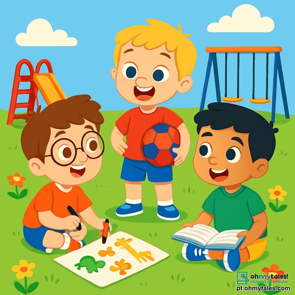 Há 3 personagens: - Lucas: um menino de 5 anos, com cabelos castanhos e óculos redondos. Ele está sentado na grama, segurando lápis de cor e desenhando animais coloridos em uma folha. - João: um menino de 5 anos, com cabelos loiros e olhos azuis. Ele está em pé ao lado de Lucas, segurando uma bola de futebol vermelha e azul, com um grande sorriso no rosto. - Pedro: um menino de 5 anos, com cabelos negros e pele oliva. Ele está sentado em frente a Lucas, com um livro aberto sobre os joelhos, ouvindo atentamente as ideias dos amigos. O cenário é um parquinho colorido, com balanços e um escorregador ao fundo. A grama é verde e fresca, e flores multicoloridas crescem ao redor. O céu é azul com algumas nuvens brancas fofas. A cena mostra os três amigos discutindo alegremente, compartilhando ideias para o cartaz, cercados por desenhos, balões e livros, ilustrando sua diversidade e criatividade.