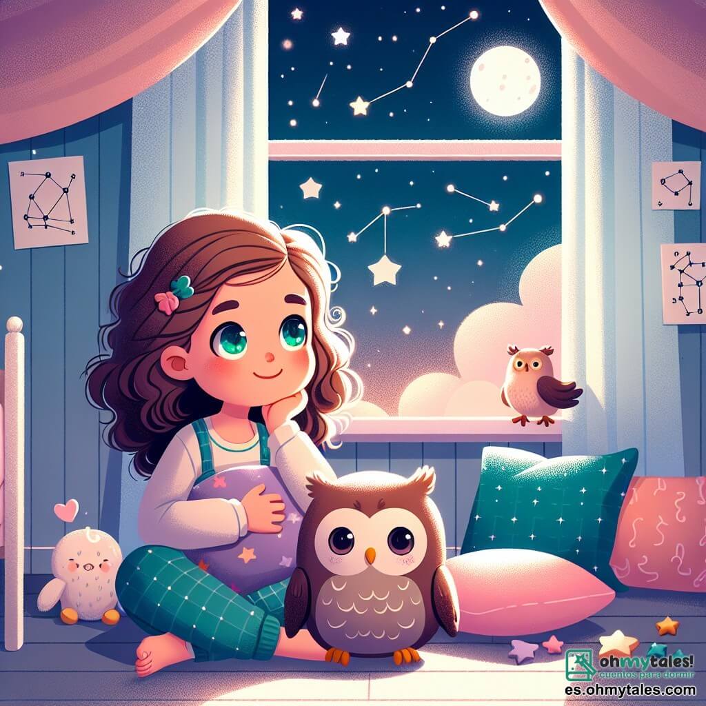 Una niña de 5 años, llamada Valeria, con cabello rizado y castaño claro, ojos verdes brillantes y una sonrisa tímida, está sentada en su cama, rodeada de peluches. Mira por la ventana, maravillada por el cielo estrellado, con una expresión de curiosidad y un ligero escalofrío de emoción. Junto a ella, un peluche en forma de búho, con grandes ojos redondos y plumas suaves, parece animarla a ser valiente, añadiendo un toque de magia a la escena. La habitación de Valeria está decorada en colores pastel, con posters de constelaciones en las paredes y cojines esponjosos esparcidos por el suelo. Una suave luz de luna filtra a través de las cortinas, creando sombras danzantes en el suelo. La escena principal muestra a Valeria, en plena contemplación, lista para enfrentar sus miedos y descubrir la belleza de la noche, sintiéndose apoyada por su amigo búho.