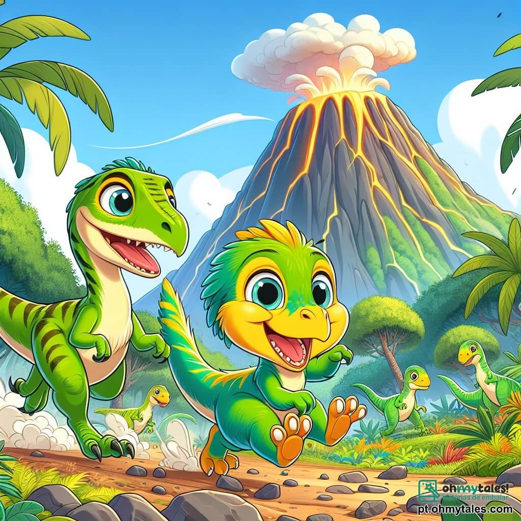 Um pequeno velociraptor chamado Rapi, com plumagem verde brilhante e olhos cheios de curiosidade, corre alegremente sobre um solo rochoso, seu sorriso largo revelando pequenos dentes afiados. Ao lado dele, sua mãe, um velociraptor maior com penas amarelas e uma expressão tranquilizadora, o guia segurando sua cauda. Ao fundo, uma montanha imponente com um vulcão fumegante, cercada por vegetação luxuriante e grandes folhas. A cena mostra Rapi e sua família correndo juntos, unidos e cheios de energia, enquanto um leve tremor de terra sacode o solo, criando uma atmosfera de aventura e emoção.