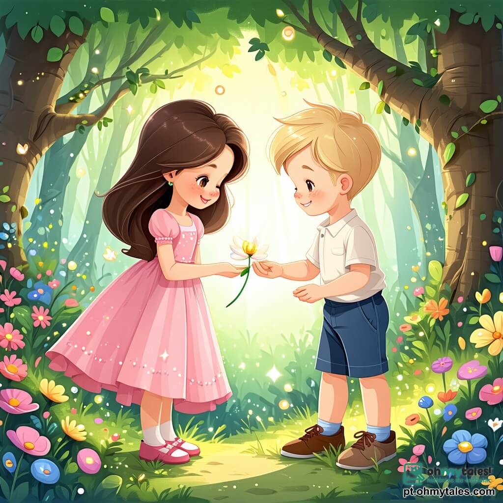Em uma floresta mágica, três crianças estão no centro da imagem. Lúcia, uma menina de 8 anos com longos cabelos castanhos e um vestido rosa, sorri ao olhar para as flores coloridas. À sua direita, Tomás, um menino de 7 anos com cabelos loiros e olhos brilhantes, se ajoelha para tocar uma flor brilhante. À esquerda, Pedro, um menino de 6 anos com cabelos negros bagunçados e uma camiseta azul, levanta os braços para o alto, maravilhado com a beleza da cena. A floresta está cheia de árvores majestosas com troncos grossos e folhas verdes vibrantes. Flores de cores vivas, como amarelo, roxo e vermelho, florescem ao seu redor, enquanto borboletas dançam no ar. Um suave raio de sol filtra através dos galhos, criando uma atmosfera calorosa e mágica. As crianças descobrem que as flores podem falar e ensinam que a verdadeira felicidade vem do amor e do cuidado que se tem pela natureza e pelos outros. Elas ouvem atentamente, encantadas com esse encontro mágico.