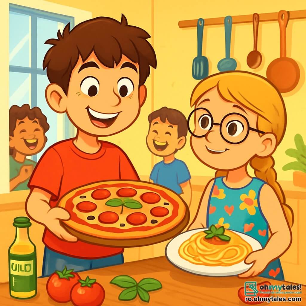 Un băiat de 12 ani, Alex, cu părul brun zbârlit și ochii strălucind de curiozitate, zâmbește vesel în timp ce ține o pizza pe care tocmai a pregătit-o. Poartă un tricou roșu aprins și o pereche de pantaloni scurți albaștri, iar fața lui exprimă mândrie și entuziasm. Lângă el, o fată de 11 ani, Mia, cu părul blond împletit și ochelari rotunzi, îl observă cu admirație, ținând o farfurie plină cu paste. Ea poartă o rochie cu flori colorate și pare încântată să participe la atelierul de gătit. Decorul este o bucătărie luminoasă și primitoare, cu pereți vopsiți în galben deschis, ustensile de bucătărie suspendate și ingrediente proaspete așezate pe blatul din lemn. Feroneriile permit luminii soarelui să pătrundă, iluminând încăperea cu o atmosferă călduroasă. Situația principală îi arată pe Alex și Mia pregătind împreună un fel de mâncare italian, înconjurați de alți copii care râd și se distrează, creând o atmosferă veselă și prietenoasă.