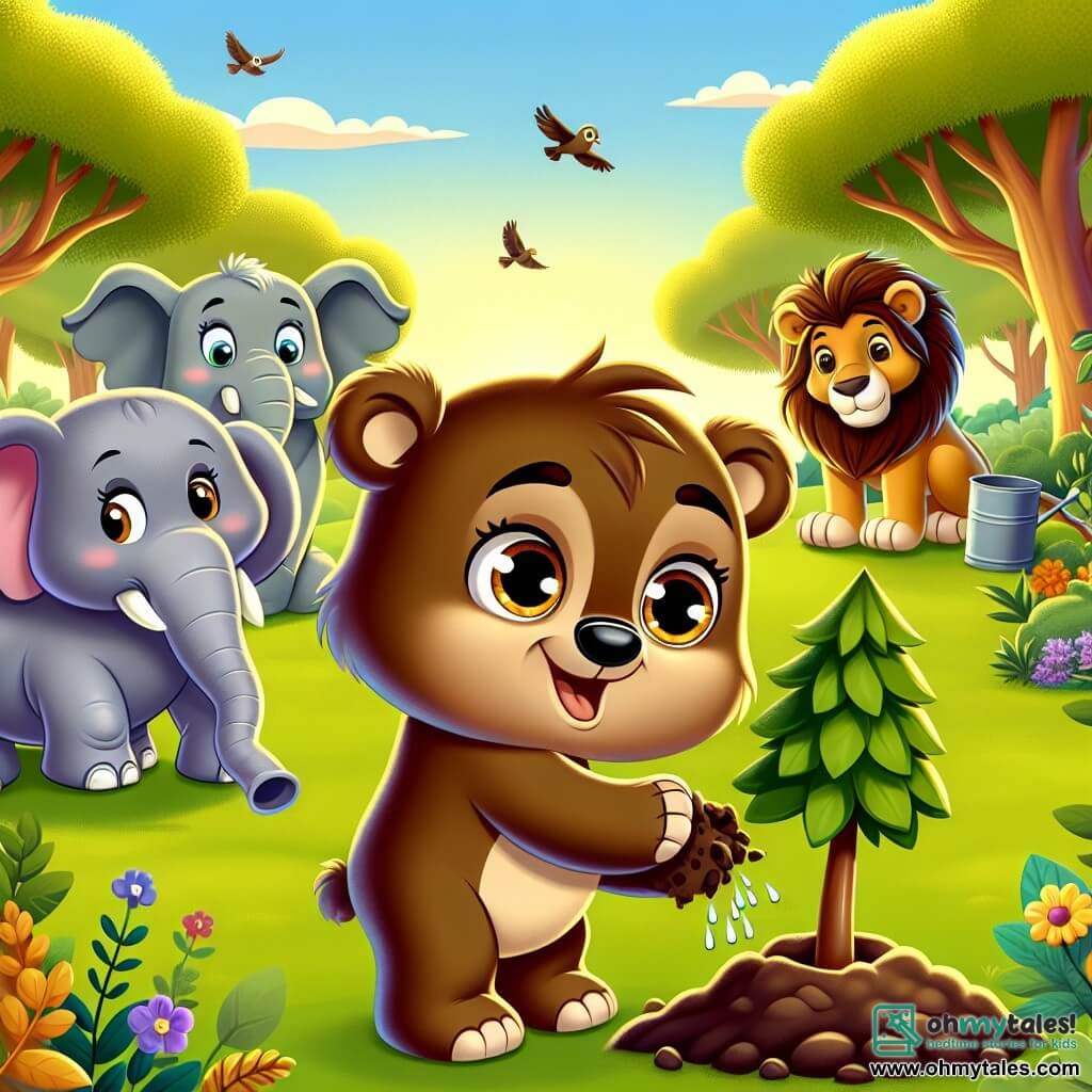 In the foreground, Benny, a small brown bear with sparkling eyes and a joyful smile, is planting a young tree in the ground. His paws are slightly dirty from the soil, and he looks at the sapling with pride, showing his commitment to helping nature. Next to him, Ellie, a gray elephant with large ears and a gentle expression, is using her trunk to water the young tree. She has a kind and encouraging look, showing her support for Benny. A little further away, Leo, a lion with golden fur and a majestic mane, is picking up litter with a paw, displaying a determined expression. He stands tall, ready to set an example for the other animals. The setting is a lush green park filled with large trees, colorful flowers, and a soft golden light from the setting sun. Birds can be seen flying in the blue sky and butterflies fluttering around the flowers. The main scene shows Benny and his friends in action, united in their mission to protect and beautify their forest, with a palpable sense of camaraderie and joy in the air.